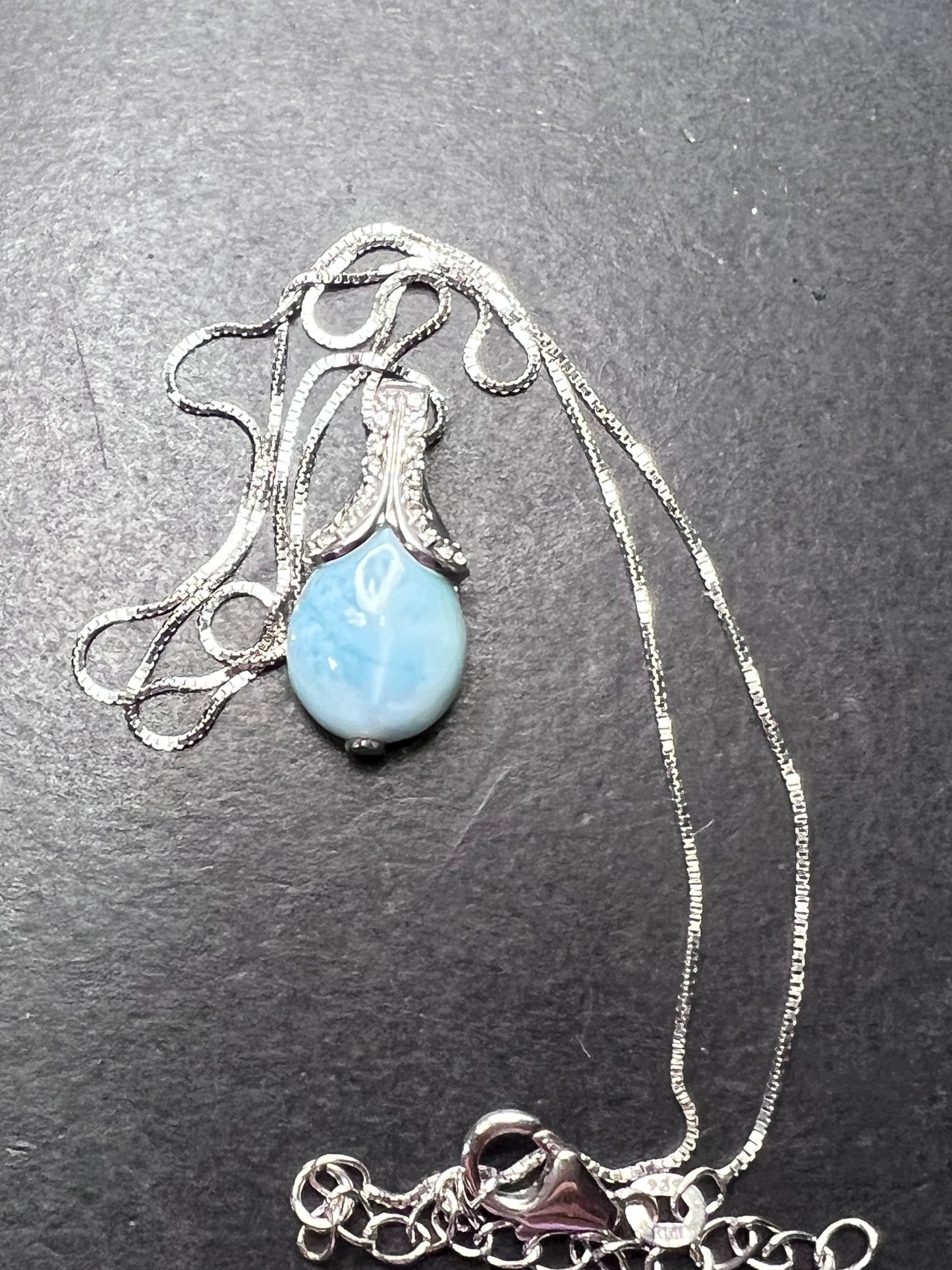 Larimar tear drop sterling silver pendant with 18 inch chain necklace