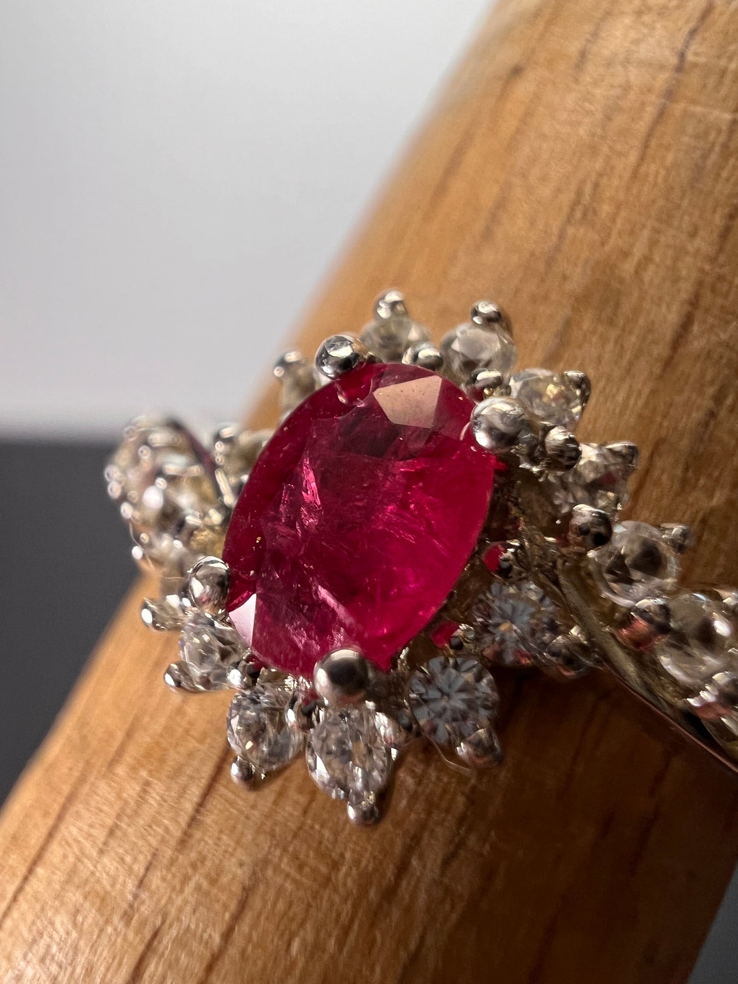 Mozambique ruby and zircon sunburst ring in platinum over sterling silver size 8 *NEW*