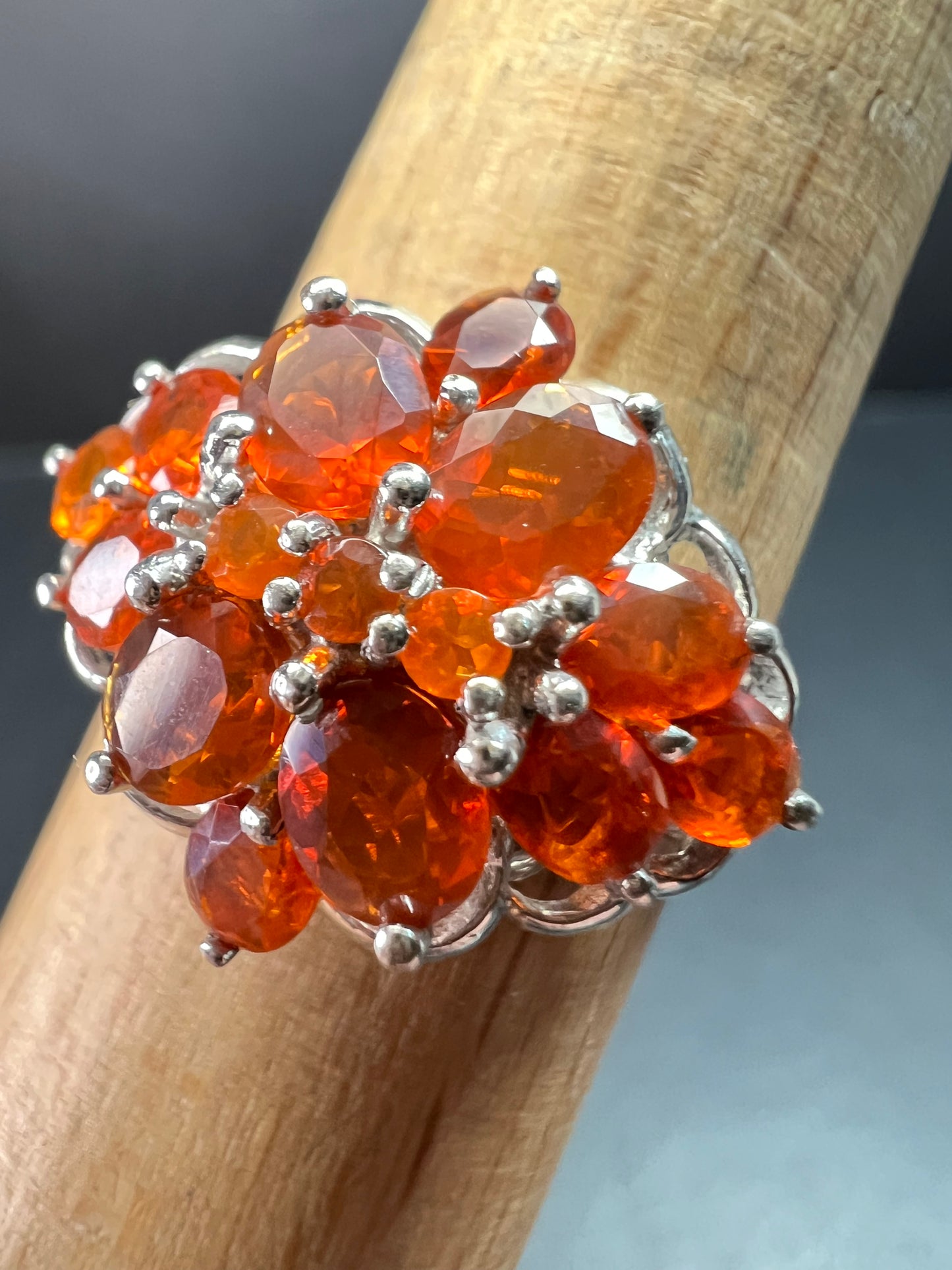 Vintage Sterling Silver Mexican Fire Opal Floral Cluster Ring Sz 9