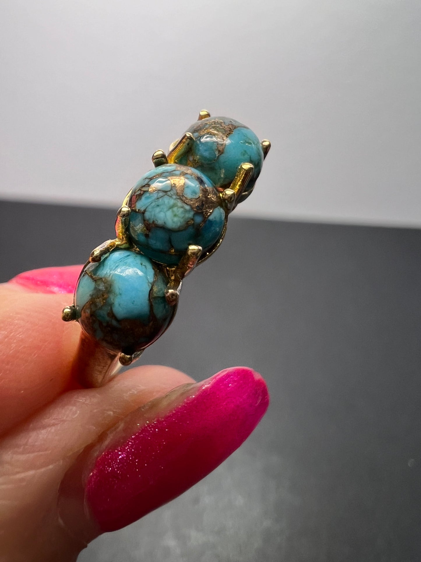 Blue composite turquoise trilogy ring in gold over sterling silver size 9