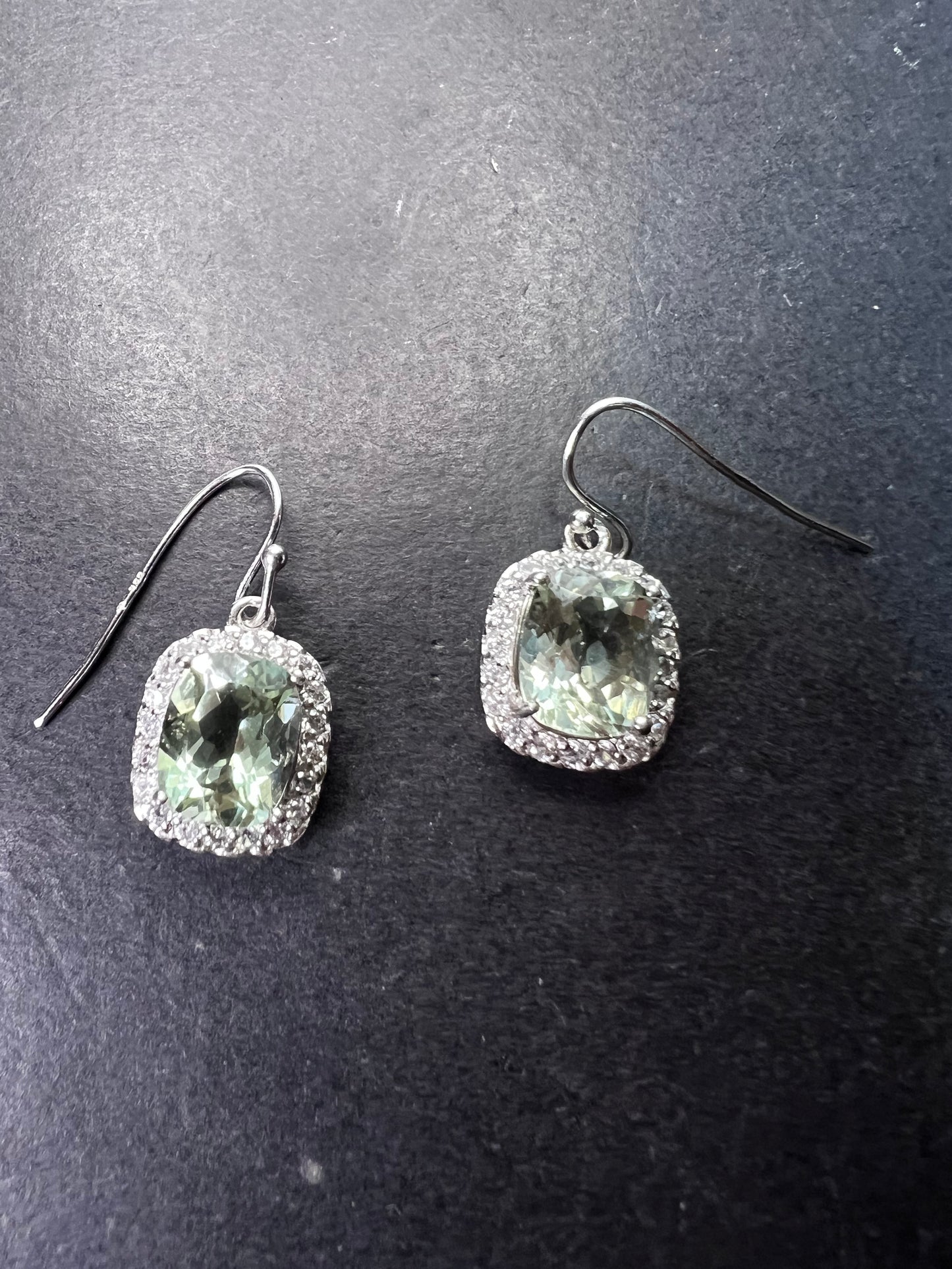 Prasiolite and zircon sterling silver halo earrings