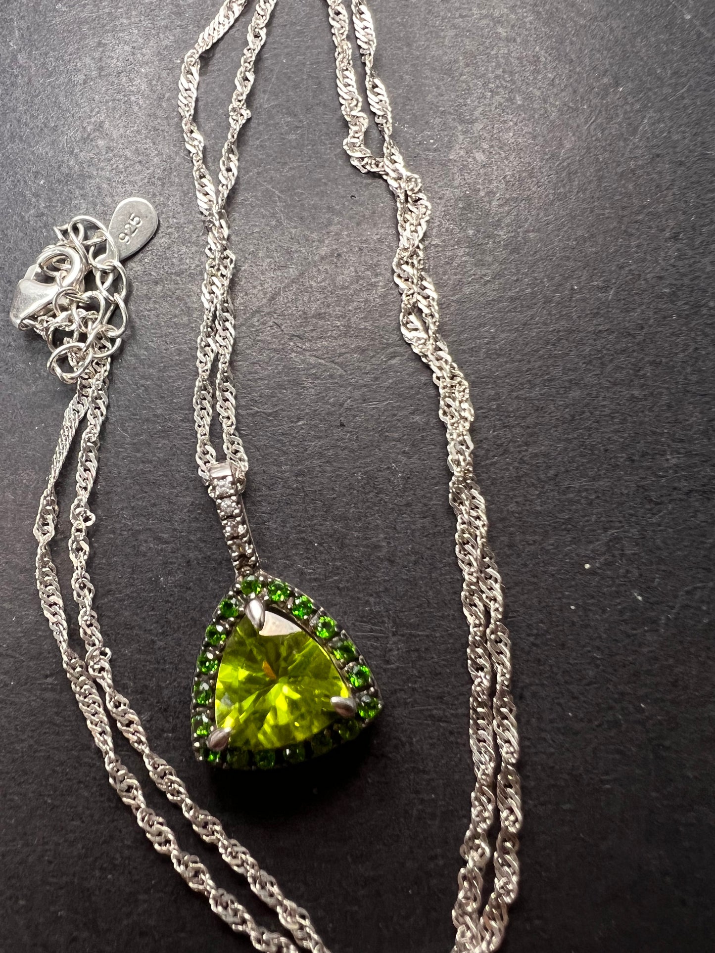 Trillium cut peridot and chrome diopside halo pendant and chain sterling silver necklace