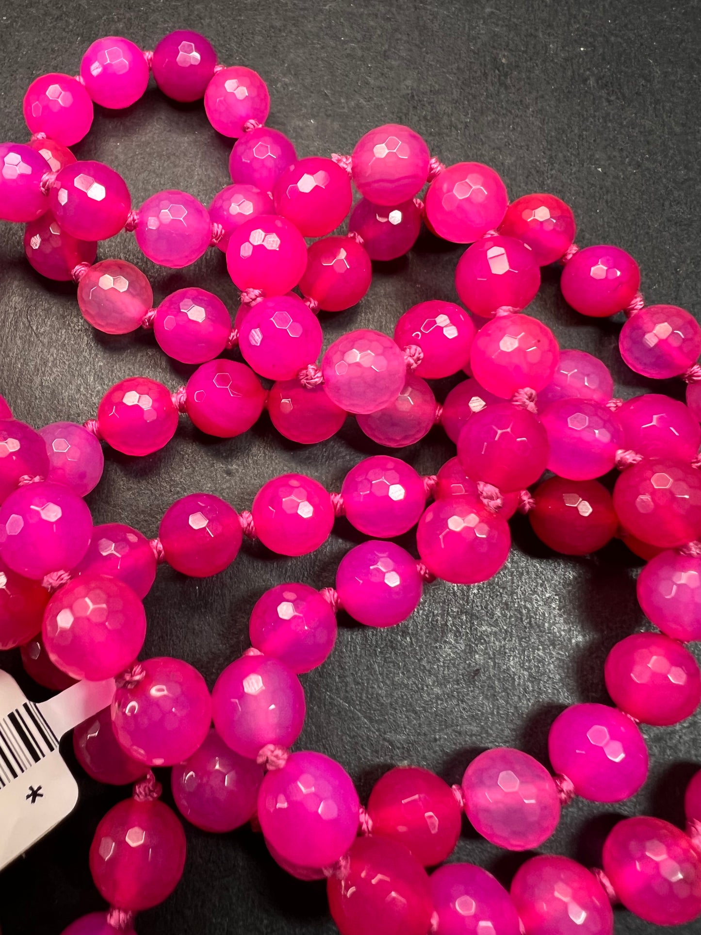 NEW fuchsia pink dyed agate 36 inch knotted bead necklace with sterling silver clasp