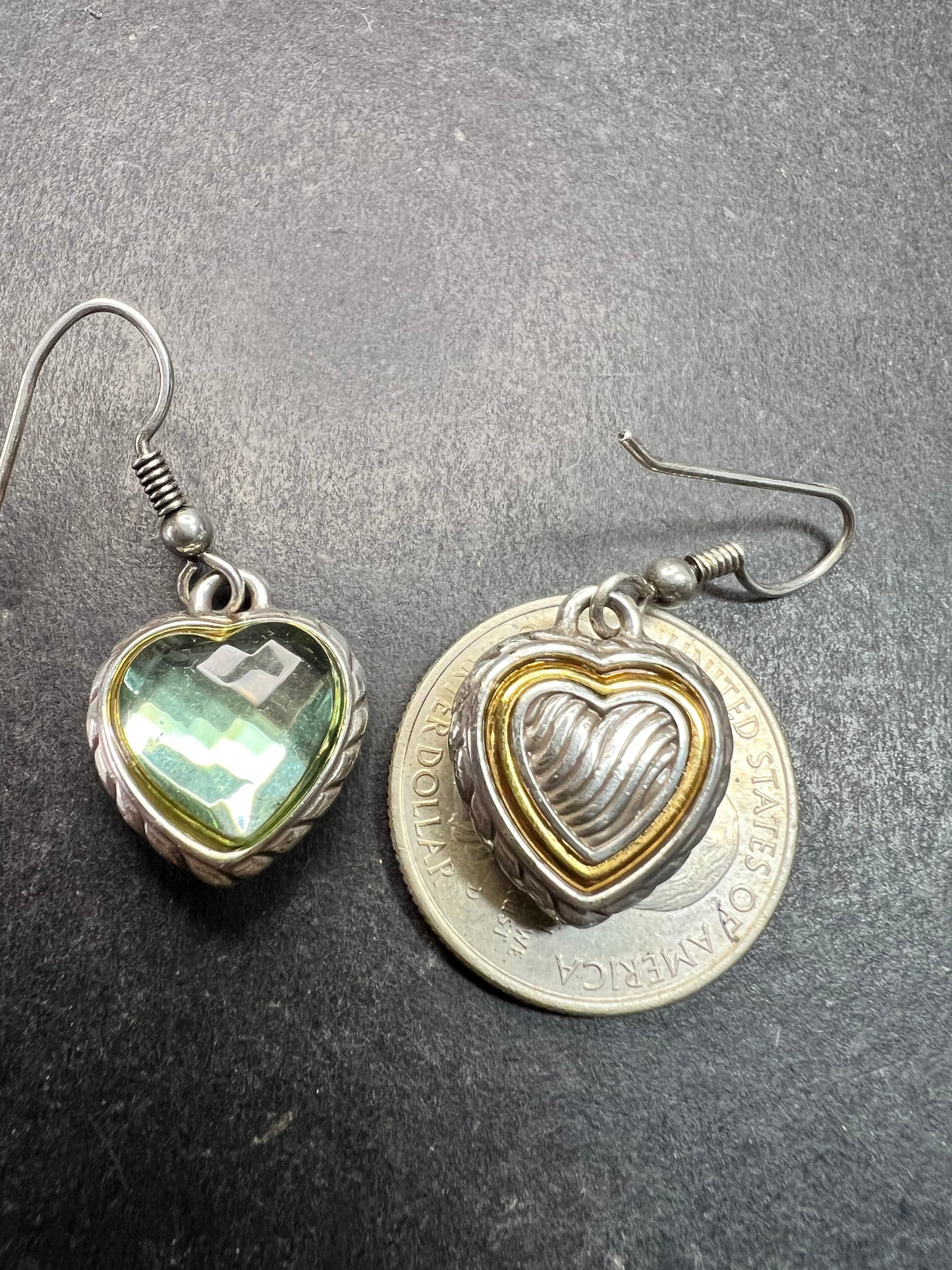 Vintage 90s Sterling Silver Green Glass Heart Earrings Gold Accent 925 Dangle