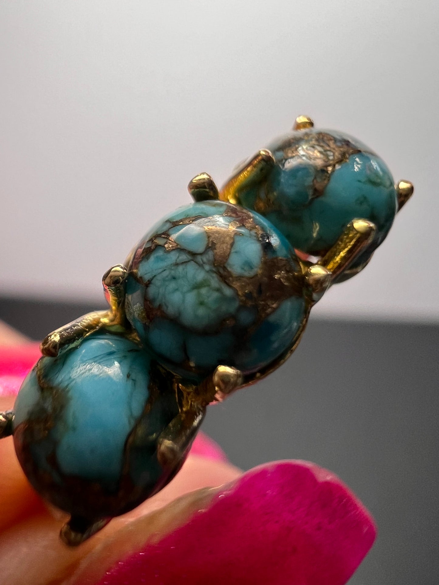 Blue composite turquoise trilogy ring in gold over sterling silver size 9