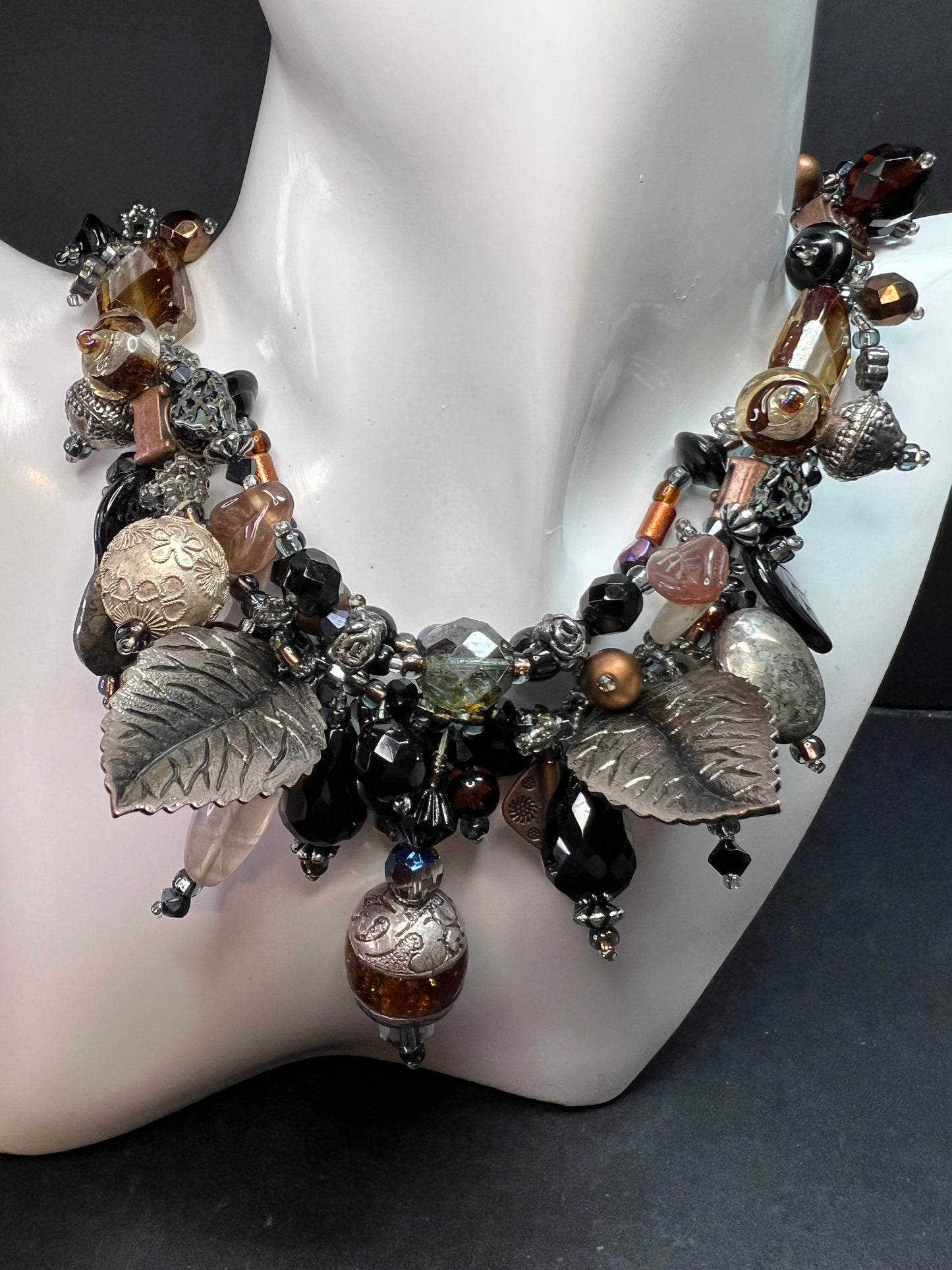 Artisan Copper Wire Necklace Glass Onyx Pyrite Amber Pearl 17”