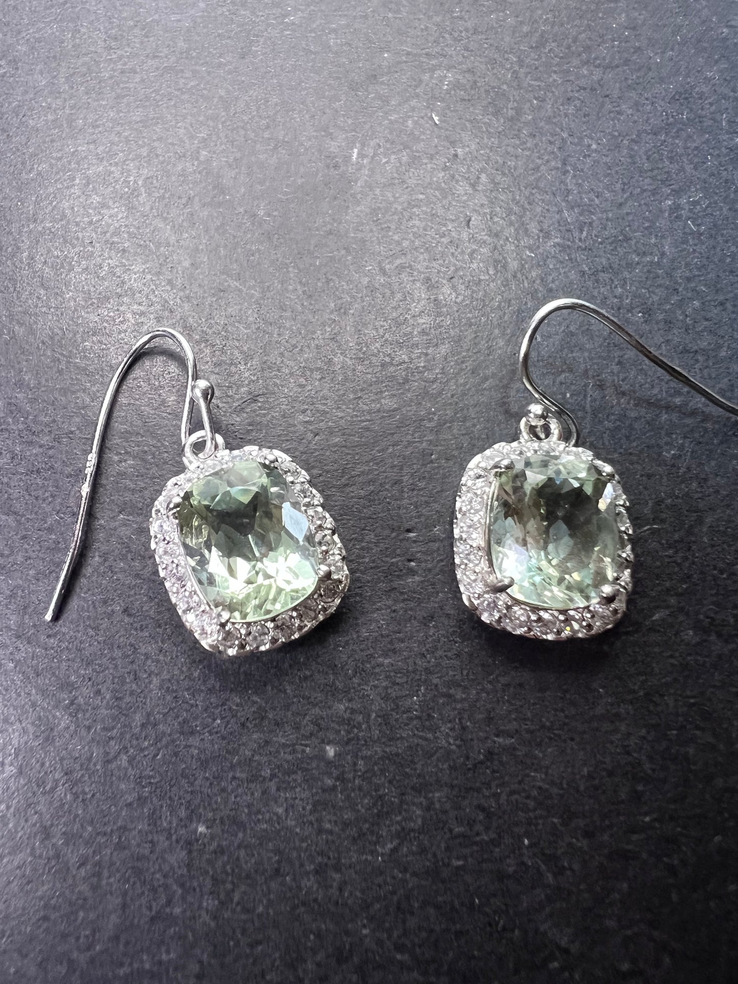 Prasiolite and zircon sterling silver halo earrings