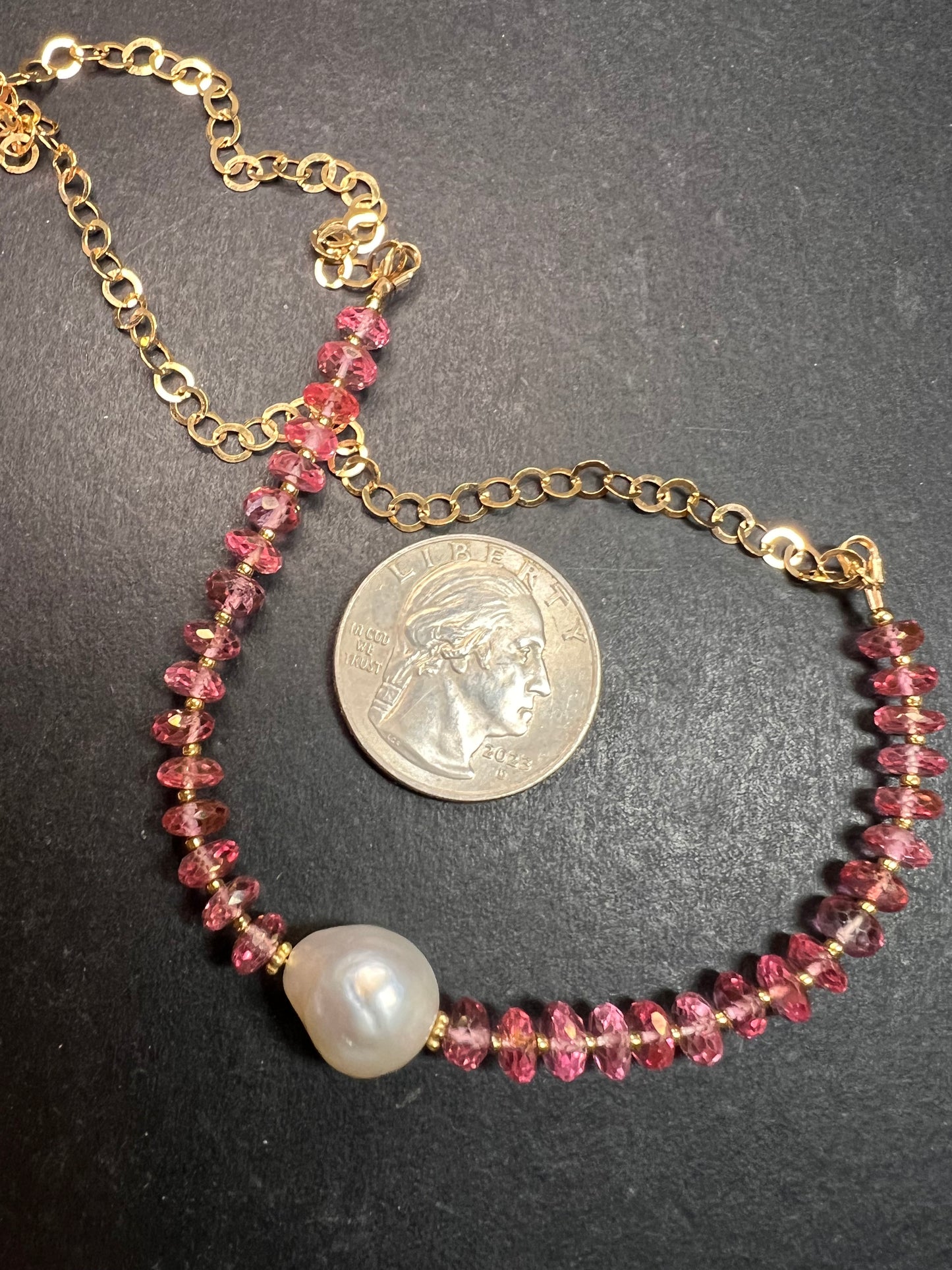 Gold Filled Necklace with Baroque Pearl and Pink Faceted Gemstone Beads