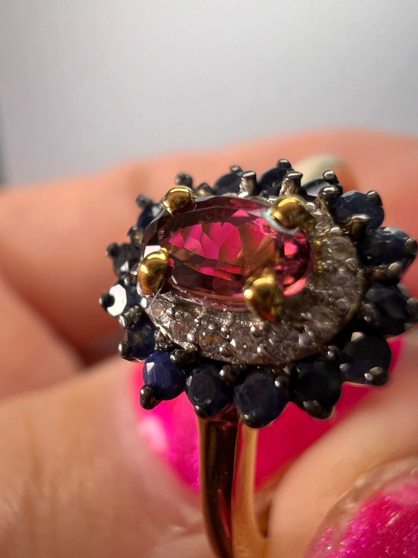 Ofiki rubellite and blue sapphire double halo ring in vermeil yellow gold over sterling silver size 8