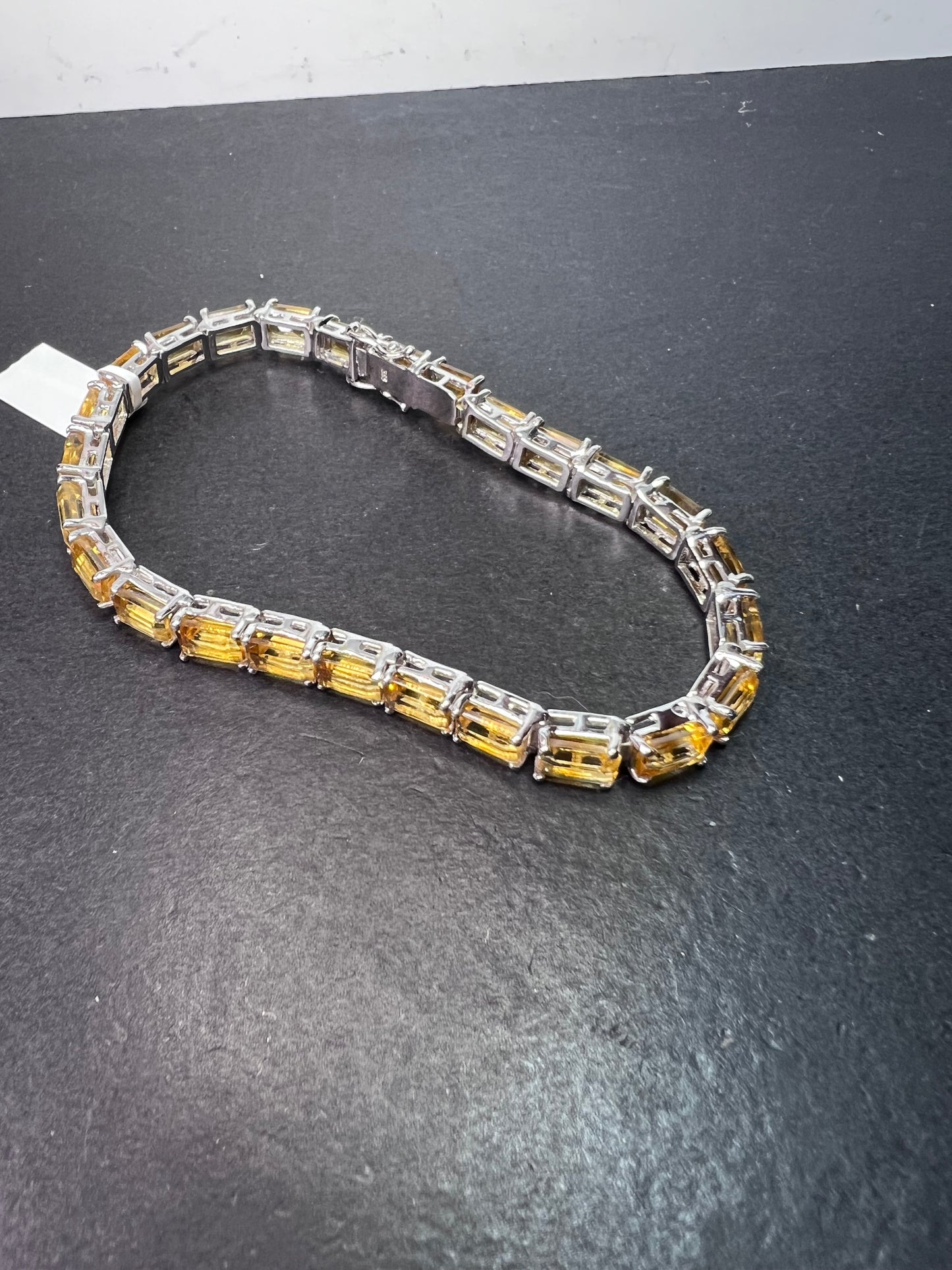 New emerald cut yellow citrine tennis bracelet in rhodium over sterling