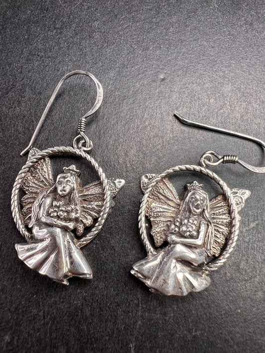 Vintage Sterling Silver Fairy Earrings • Detailed Wings & Floral Motif