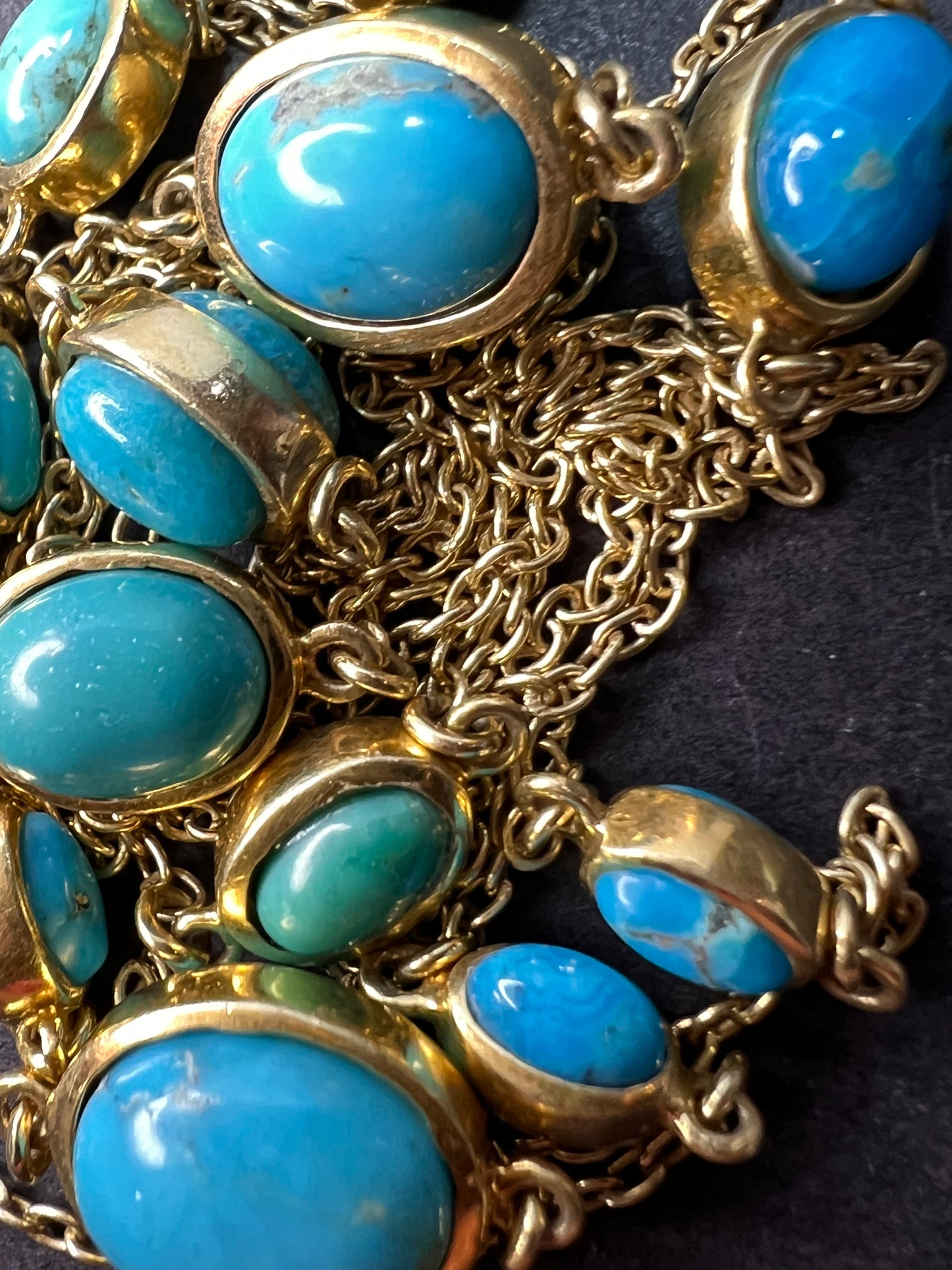 Turquoise 36 inch station necklace in vermeil yellow gold over sterling silver