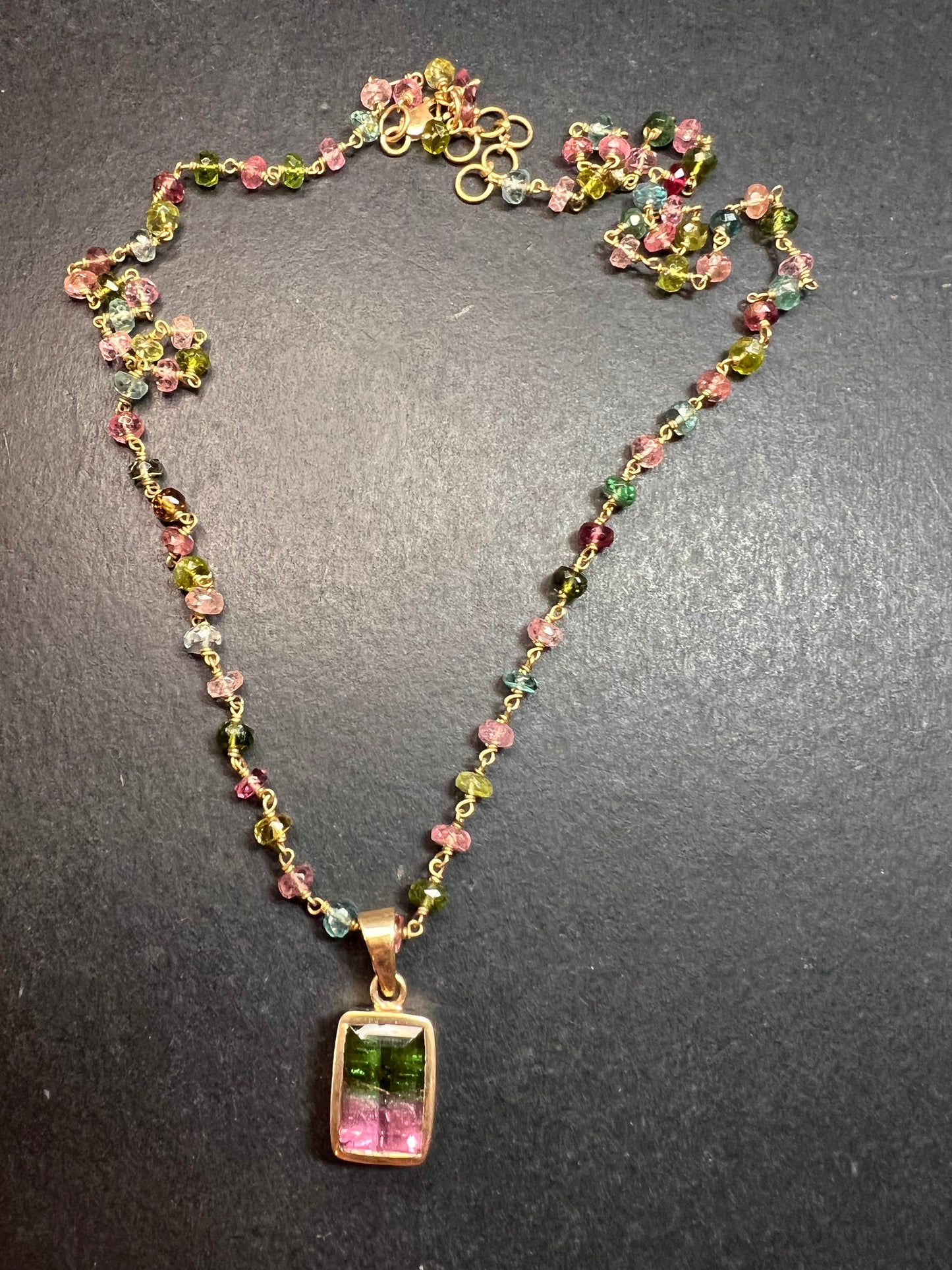 Vintage 14k & 18k gold watermelon tourmaline pendant necklace