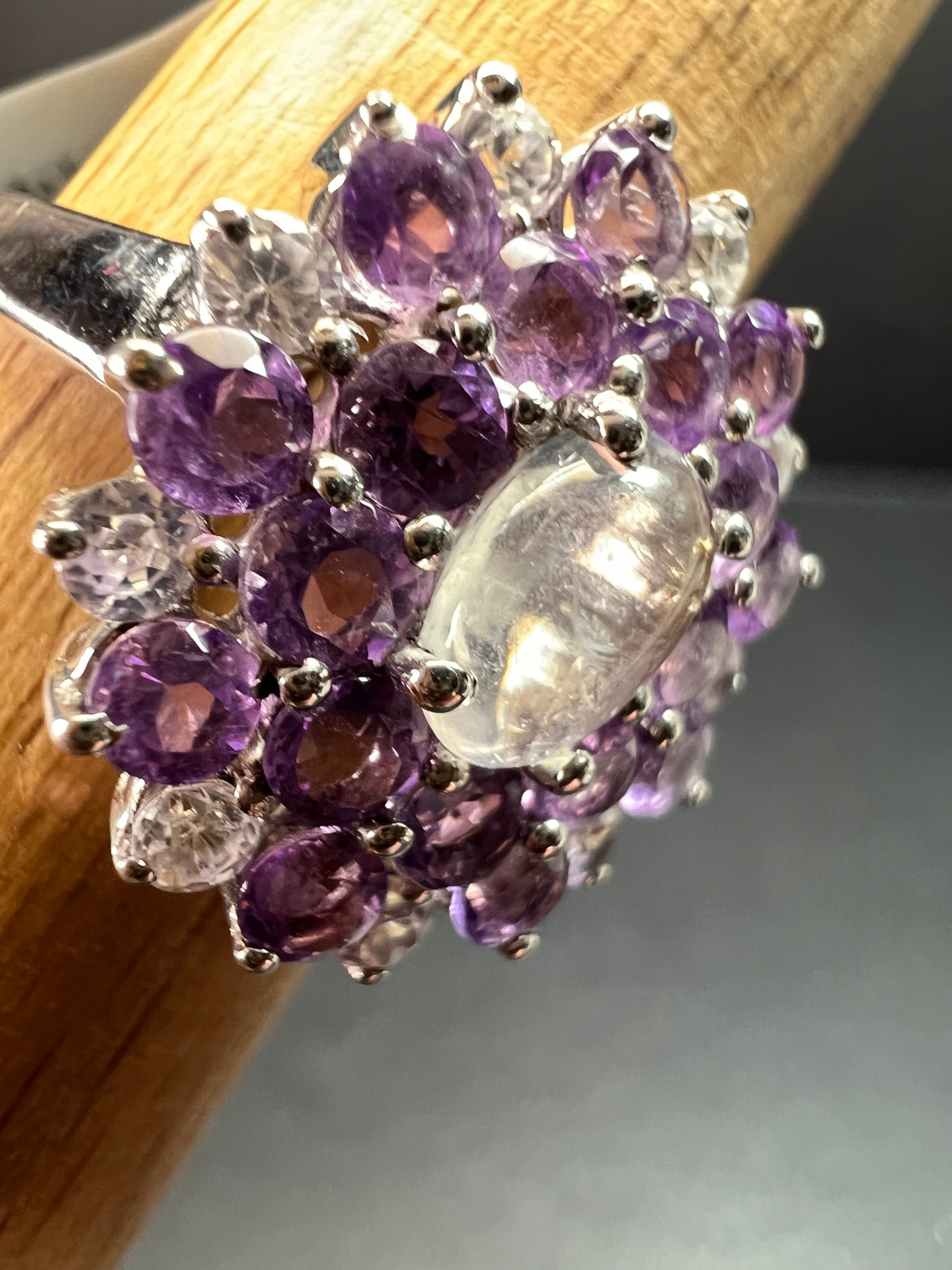 Rainbow Moonstone Amethyst White Topaz Sterling Ring Sz 9