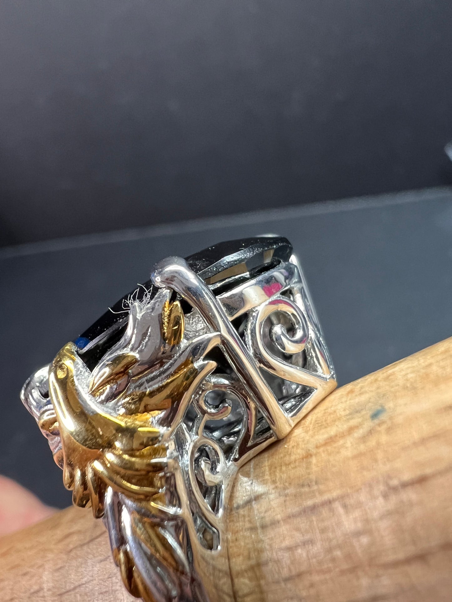 NEW Black spinel Phoenix ring in rhodium and gold vermeil over sterling silver size 7