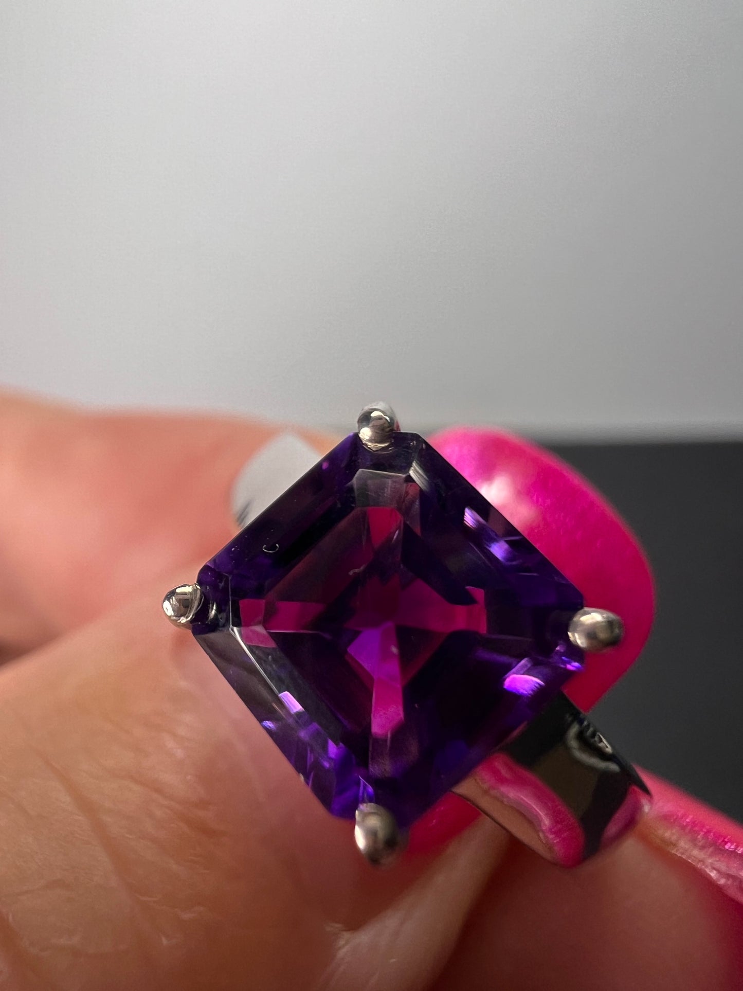 Asscher cut Moroccan amethyst solitaire ring in platinum over sterling silver size 5 *NEW*