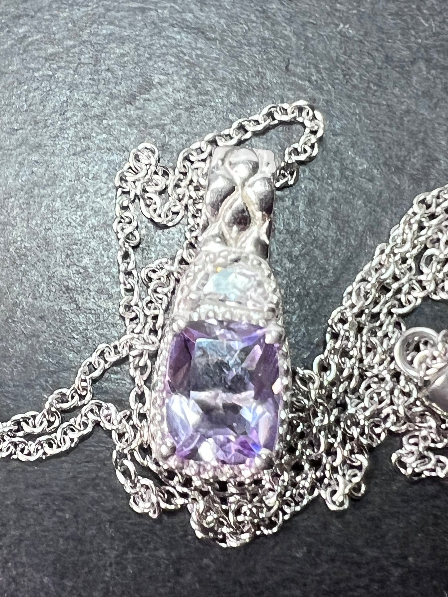 Rose de France amethyst and white topaz sterling silver pendant with stainless steel chain