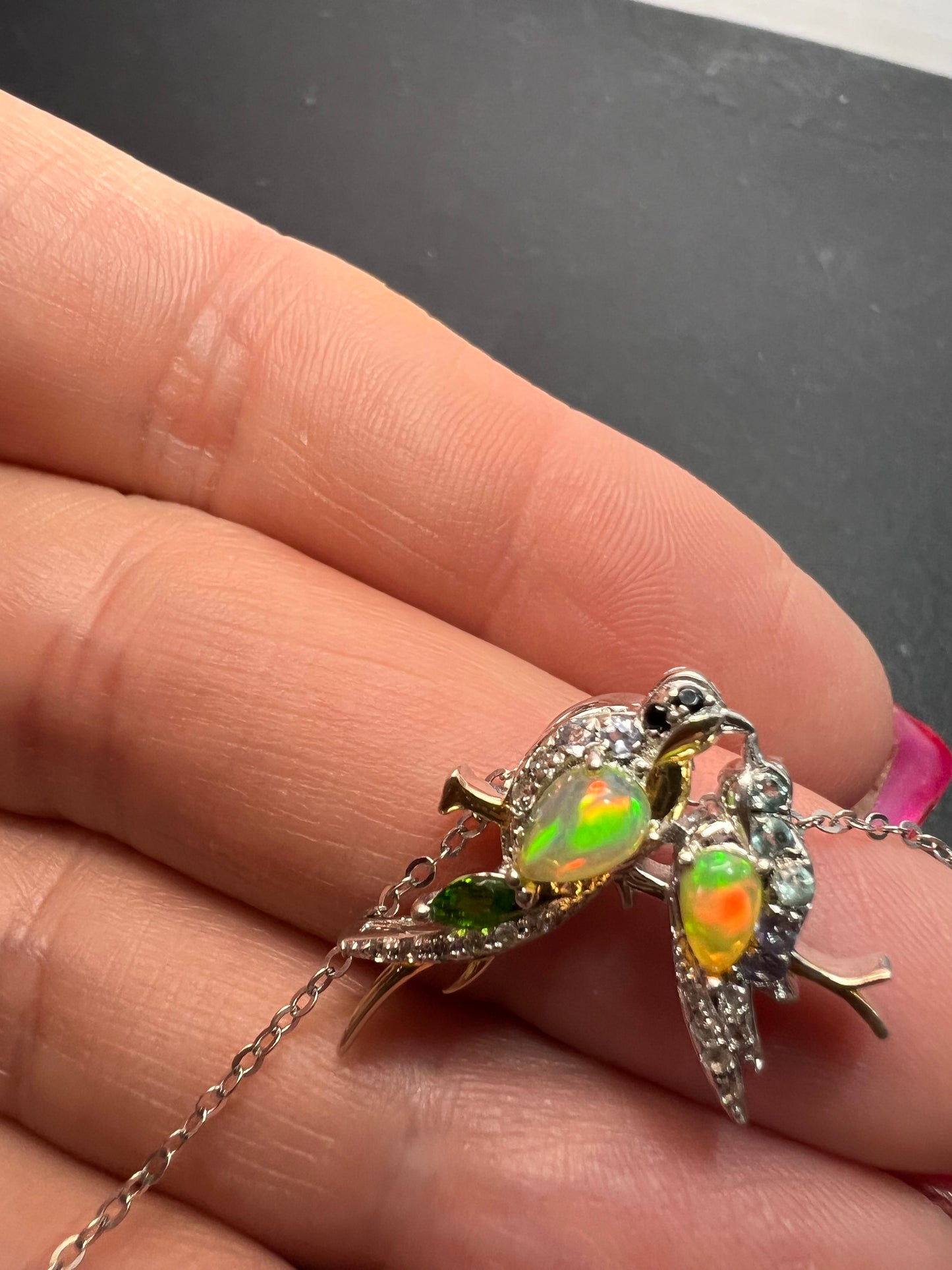 Ethiopian opal love birds multi gemstone two toned pendant and chain in gold and rhodium over sterling silver