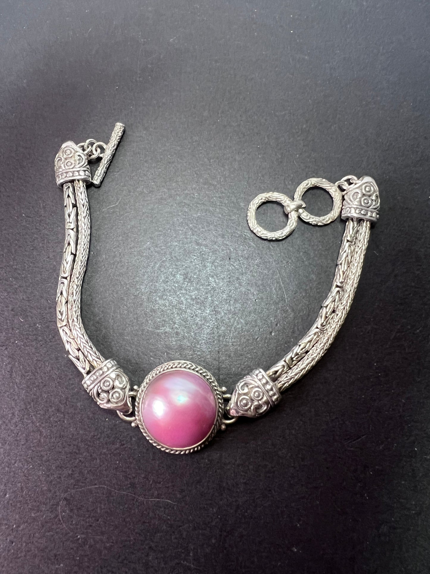 Bali sterling silver pink mabe pearl toggle clasp bracelet