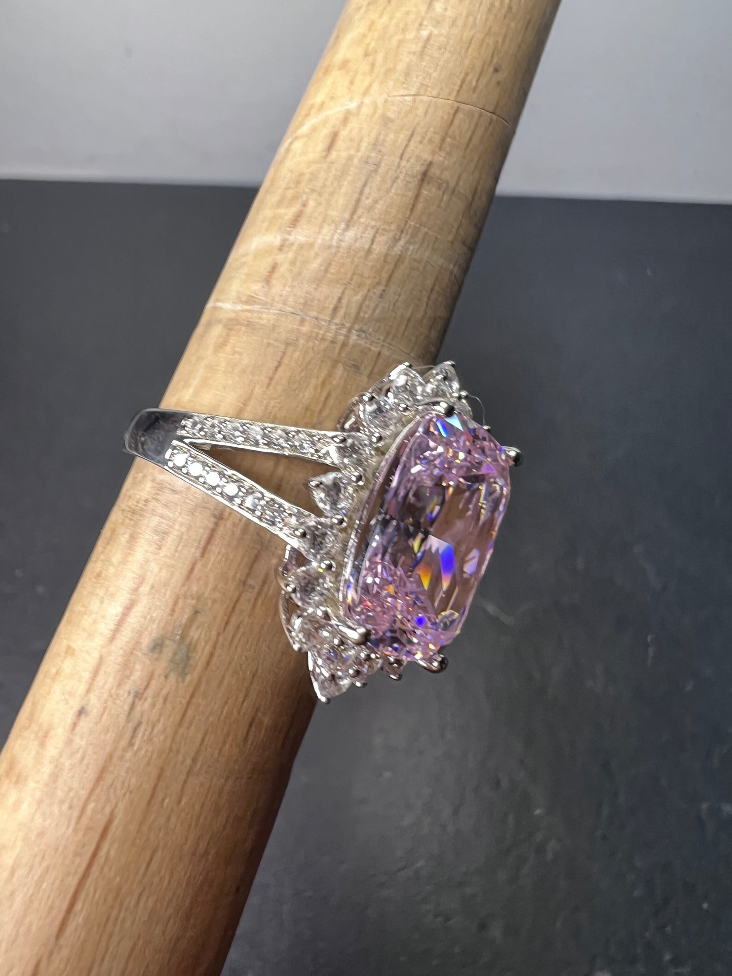 Pink and white CZ sterling silver halo ring size 8