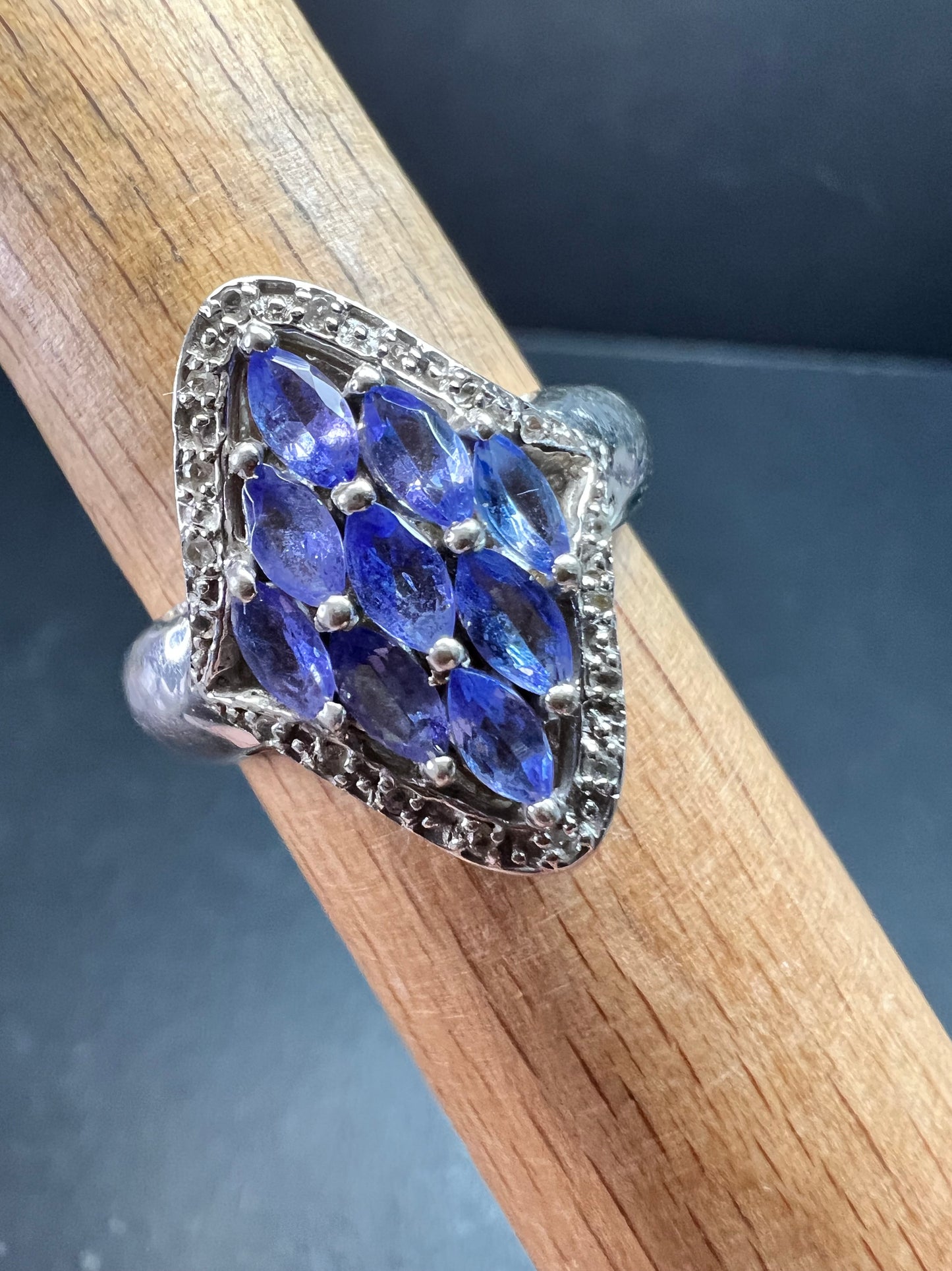 Vintage Tanzanite Diamond Sterling Silver Marquise Ring Size 9