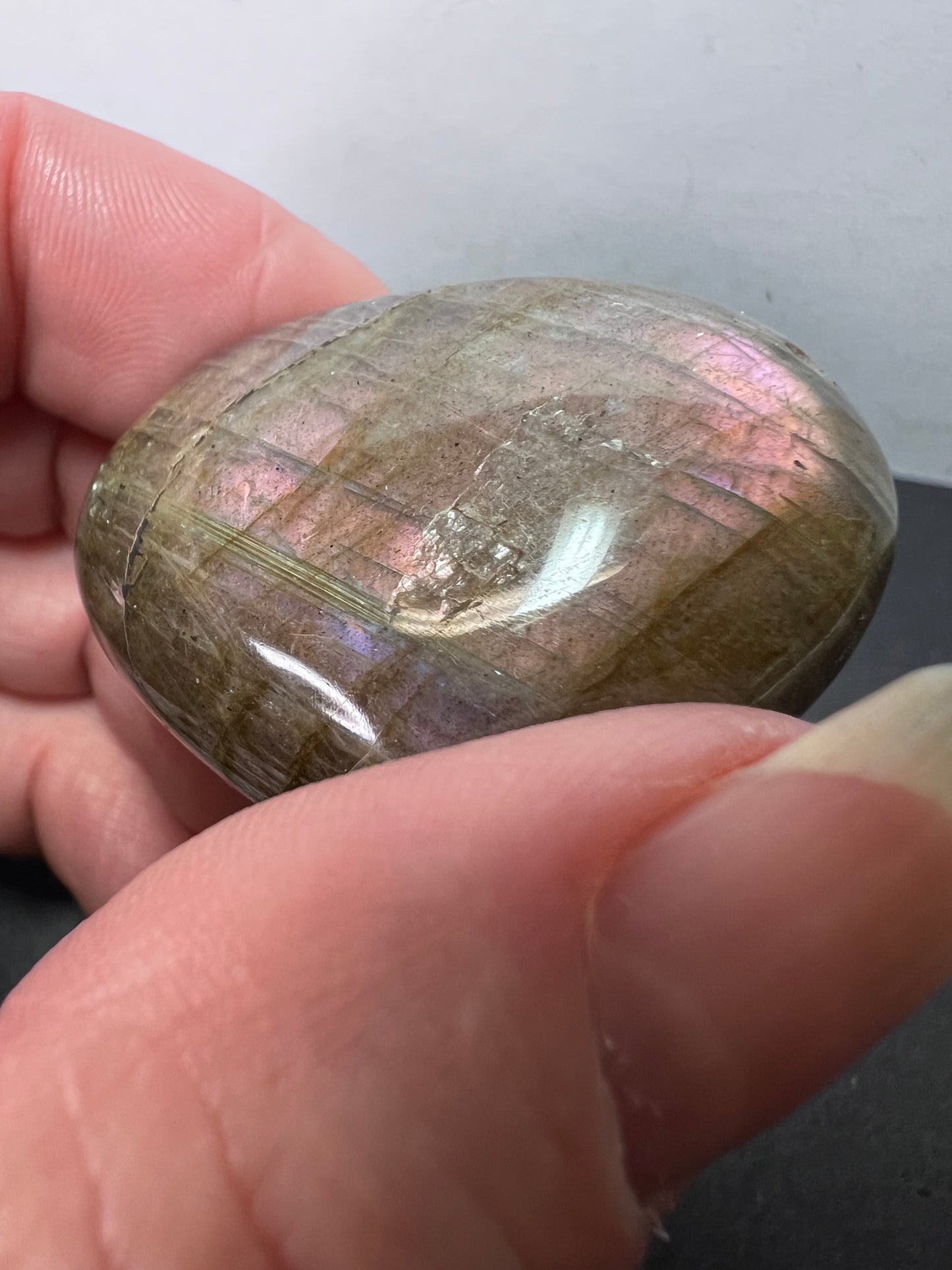 Labradorite heart with pink and purple flash