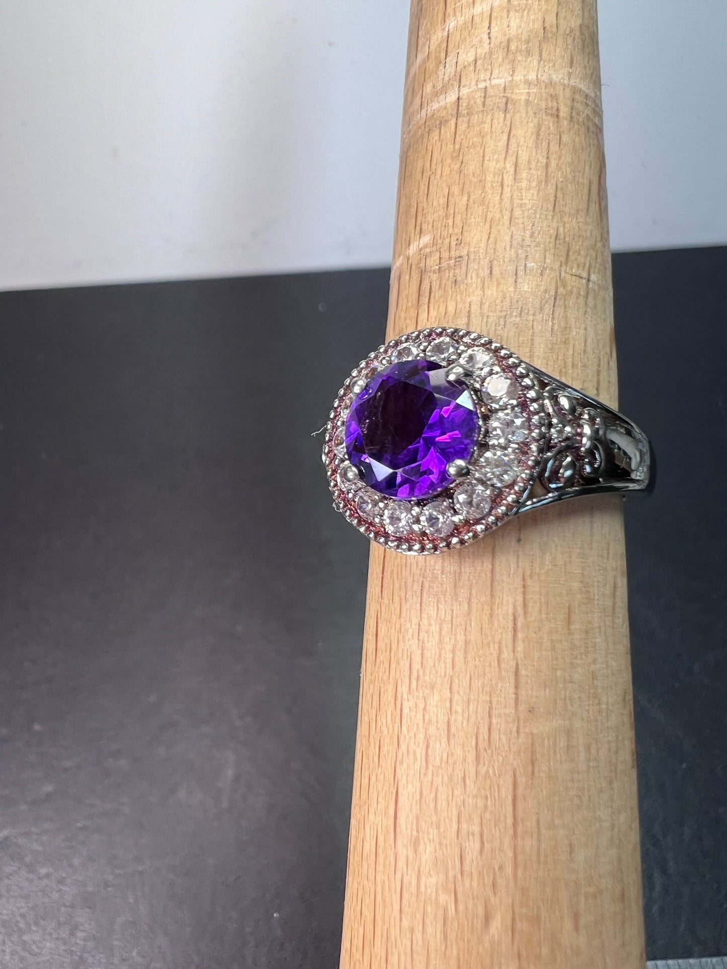 Amethyst and white spinel sterling silver halo ring size 9