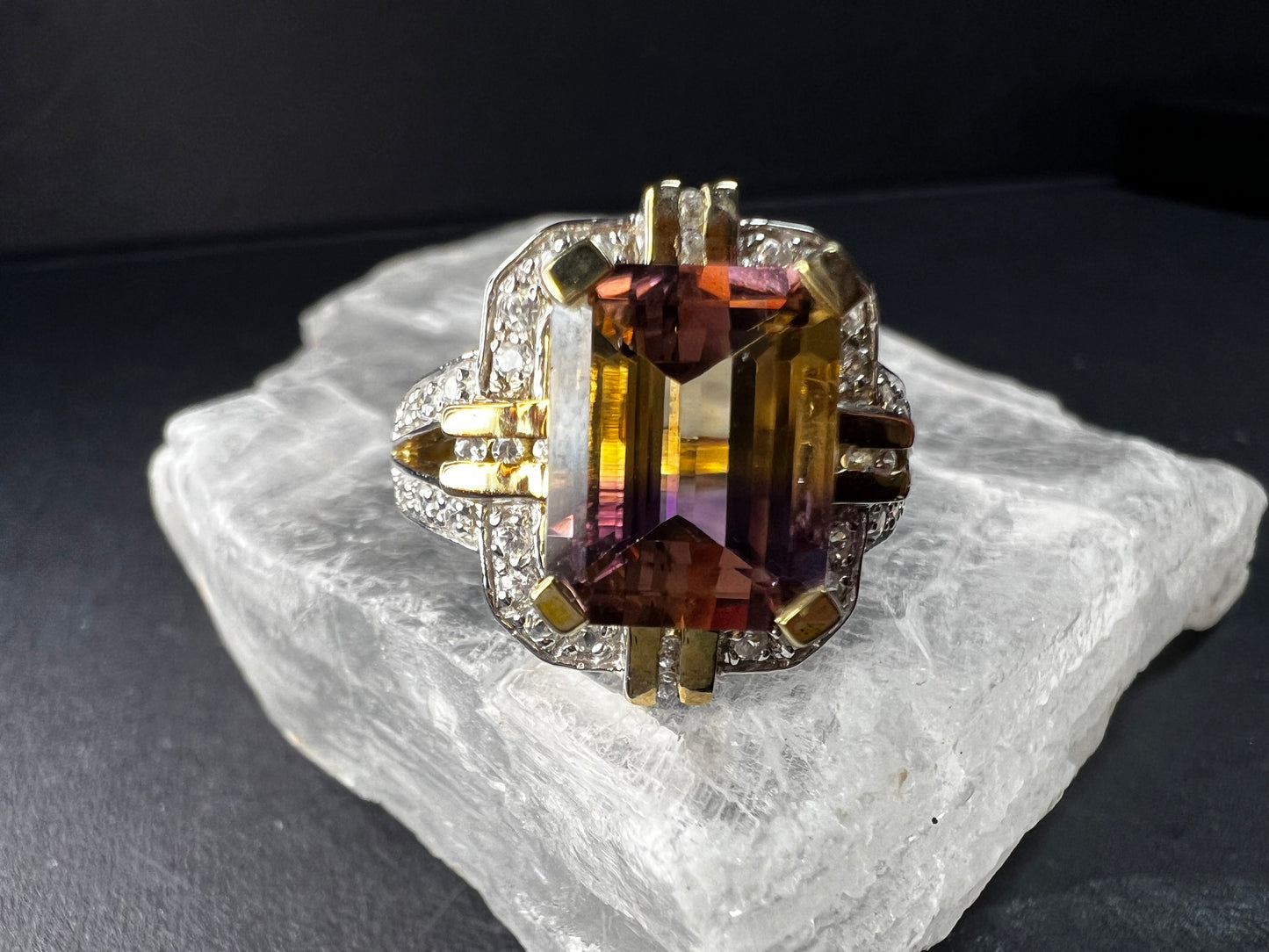 Vintage Ametrine Emerald Cut Ring Gold Over Sterling White Zircon Size 7