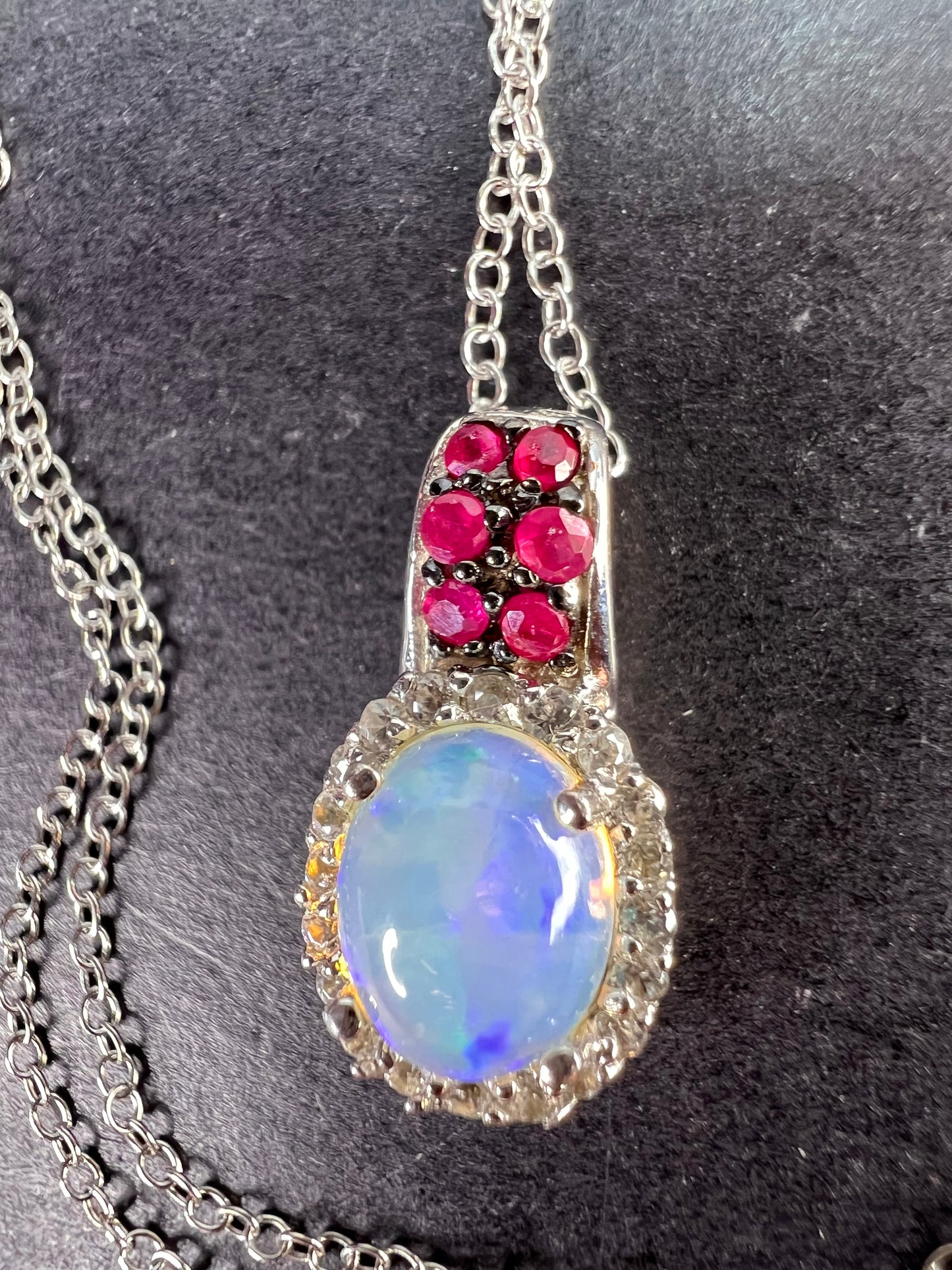 Ethiopian opal, ruby and zircon pendant and chain in platinum over sterling silver *NEW*