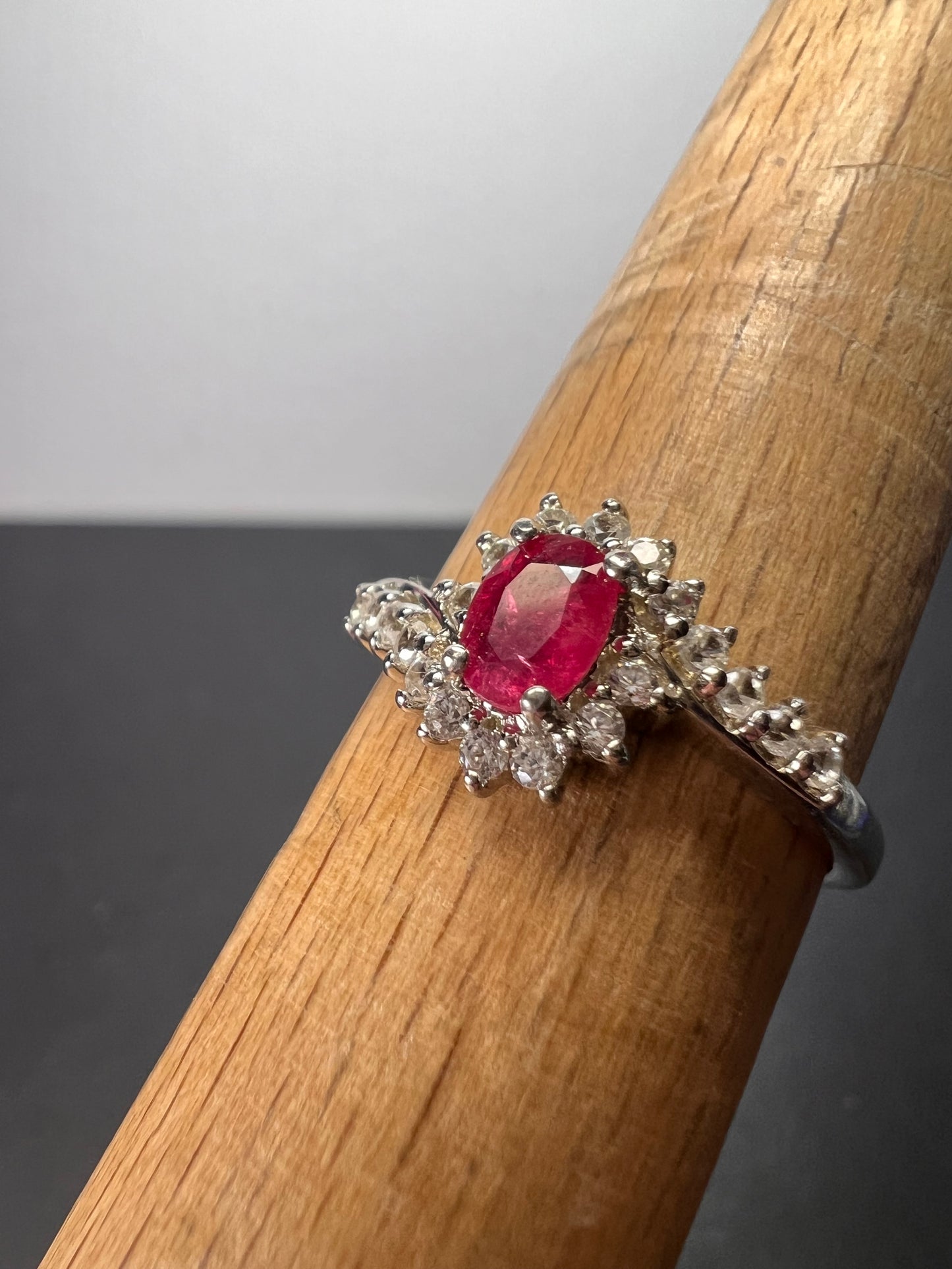 Mozambique ruby and zircon sunburst ring in platinum over sterling silver size 8 *NEW*