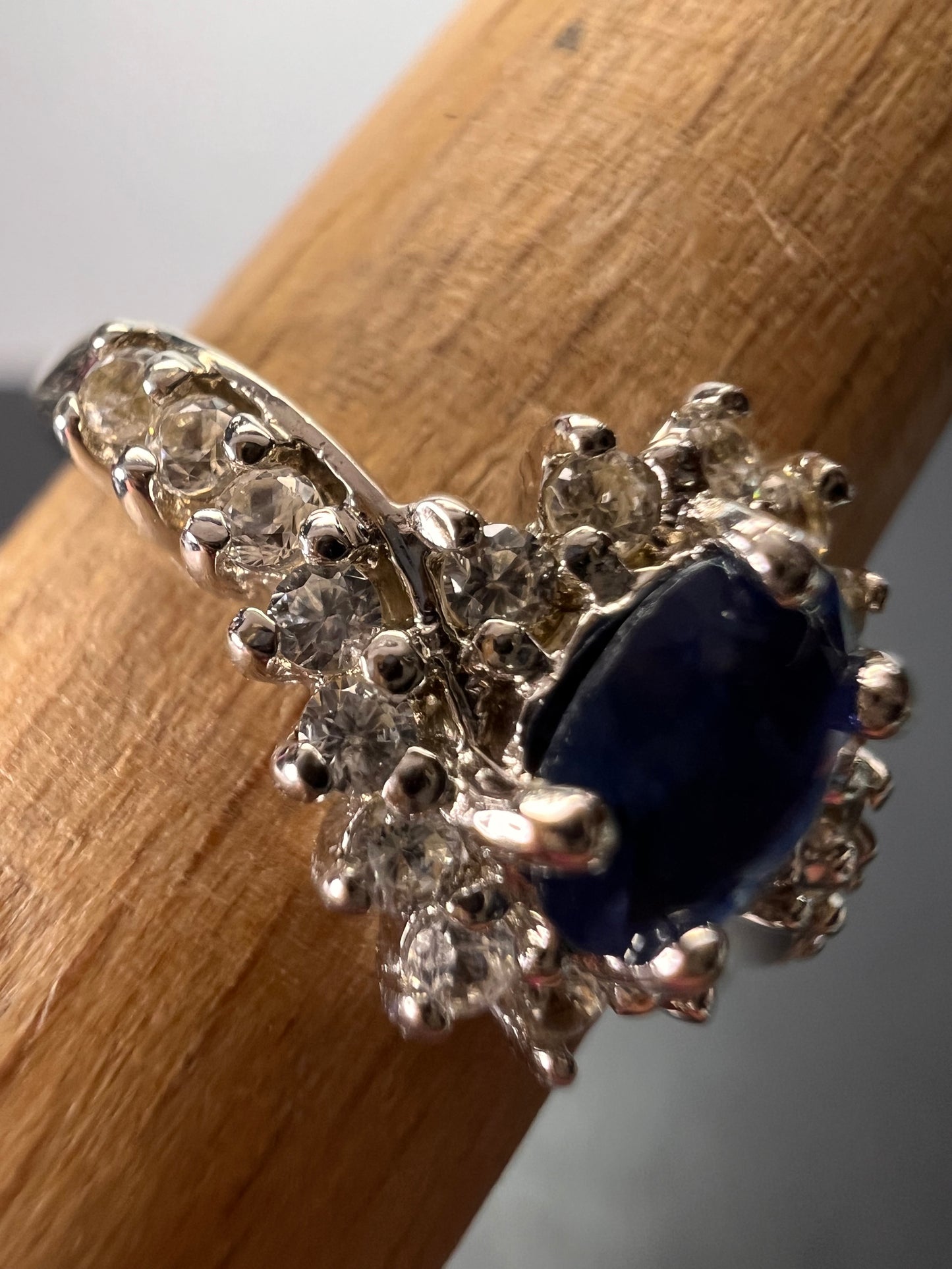 Blue sapphire and zircon floral ring in platinum over sterling silver size 5