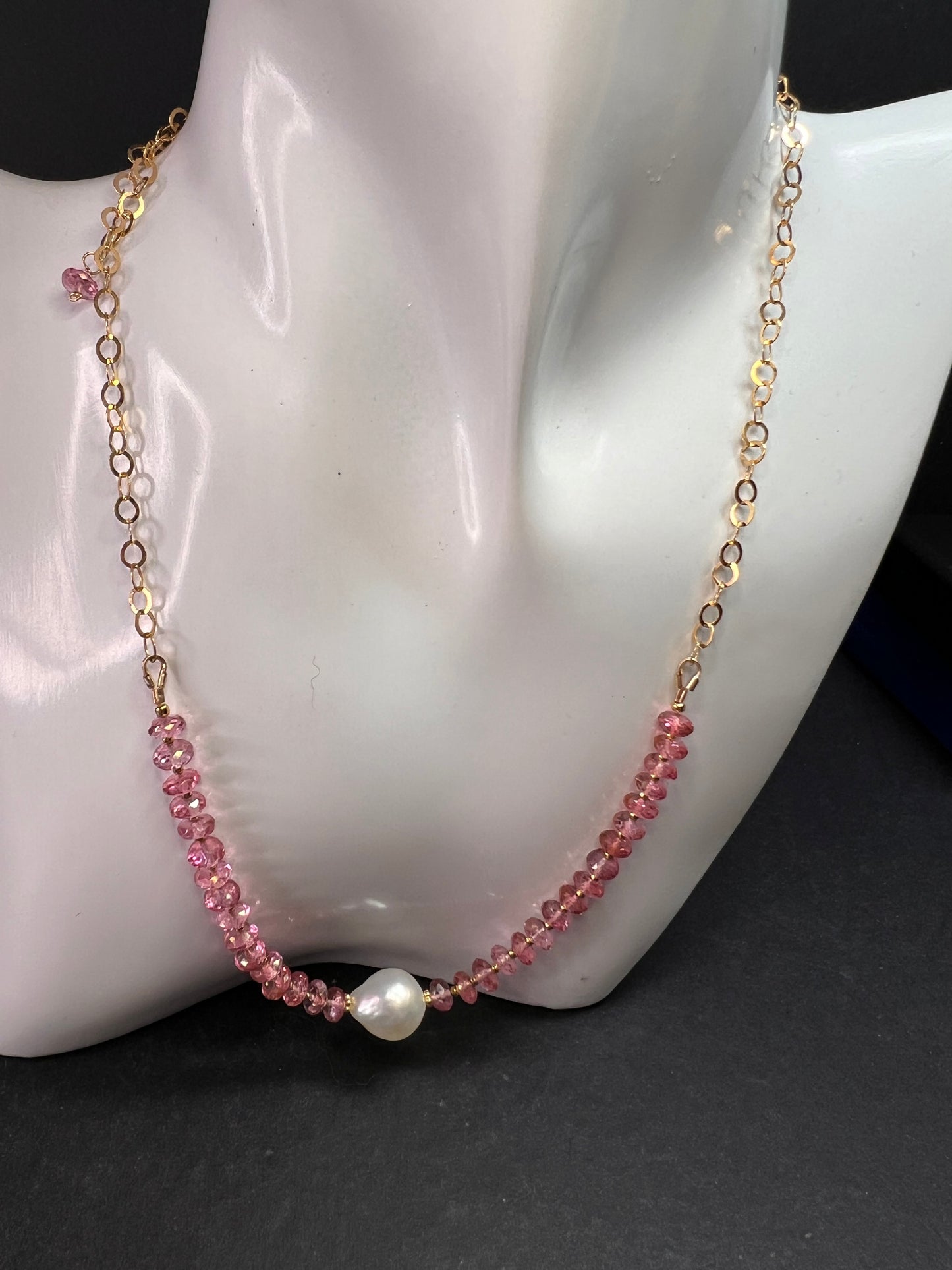 Gold Filled Necklace with Baroque Pearl and Pink Faceted Gemstone Beads