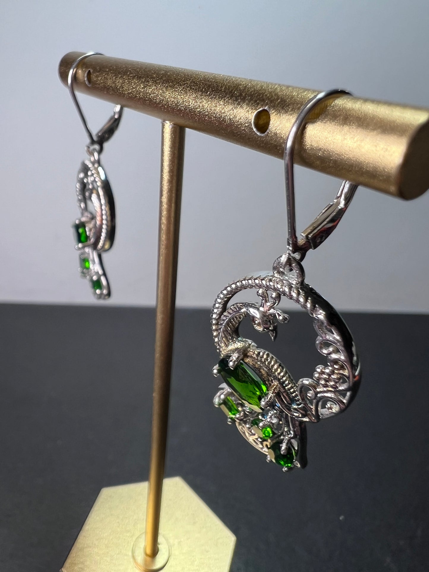 Chrome diopside sterling silver peacock dangle earrings