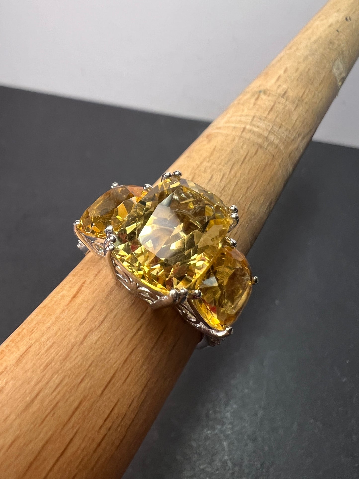 Brand new Brazilian citrine and white zircon 10.20 trilogy ring in platinum over sterling silver size 9