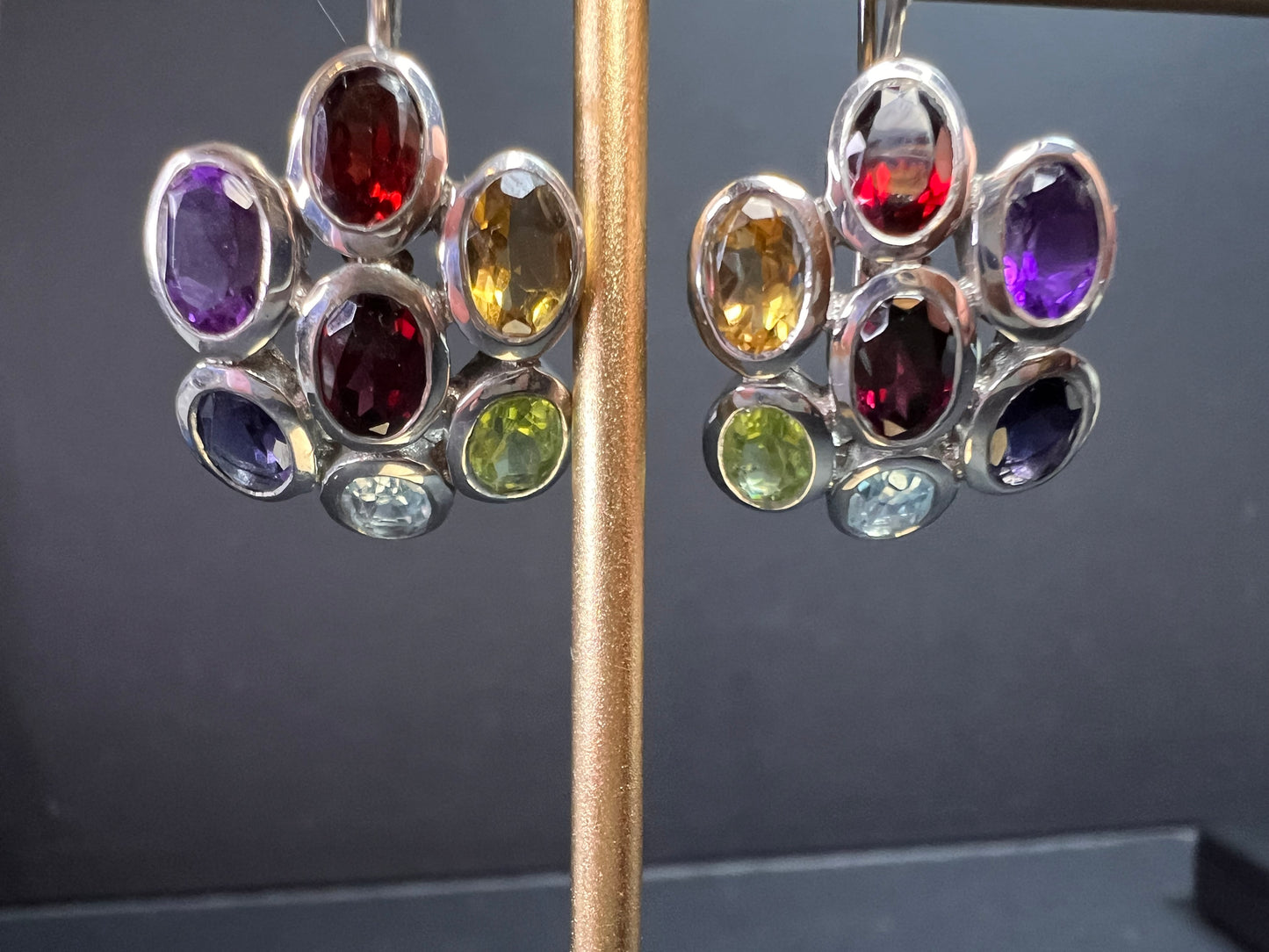 Vintage multi gemstone cluster boho earrings in sterling silver