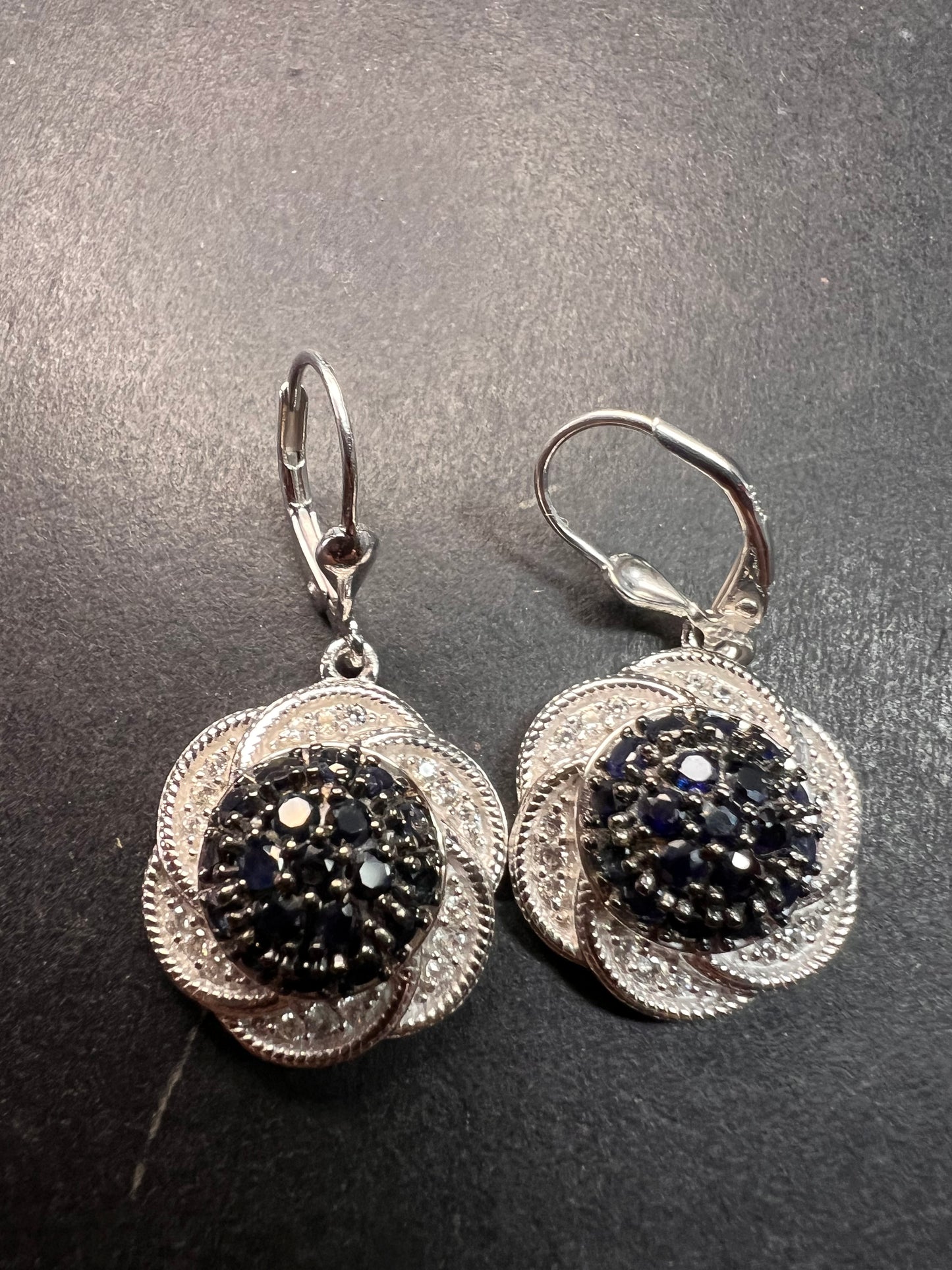 NEW blue sapphire and zircon galaxy halo earrings in rhodium over sterling silver