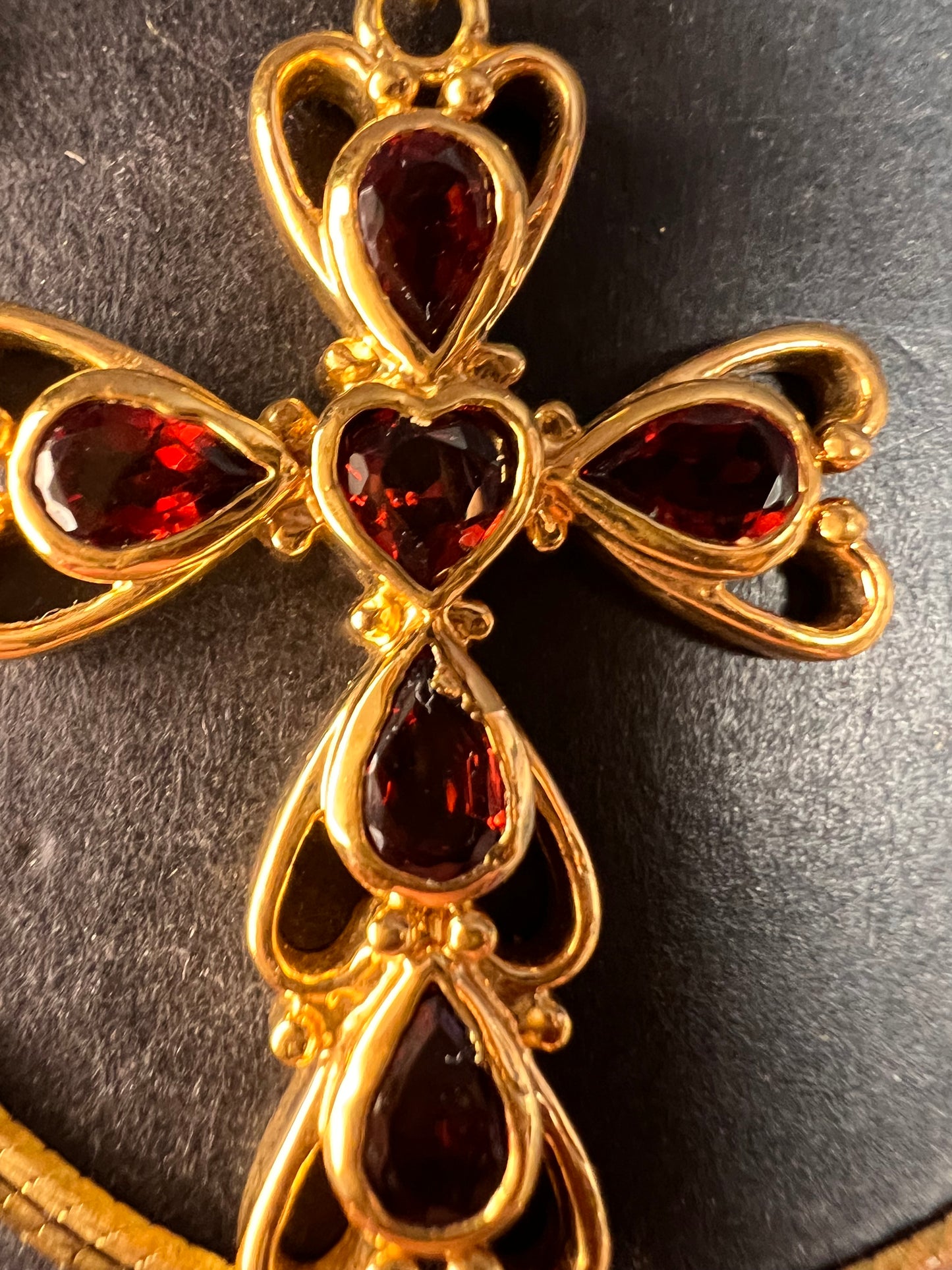 Vintage SETA Garnet Cross Pendant Necklace Gold Tone 24”
