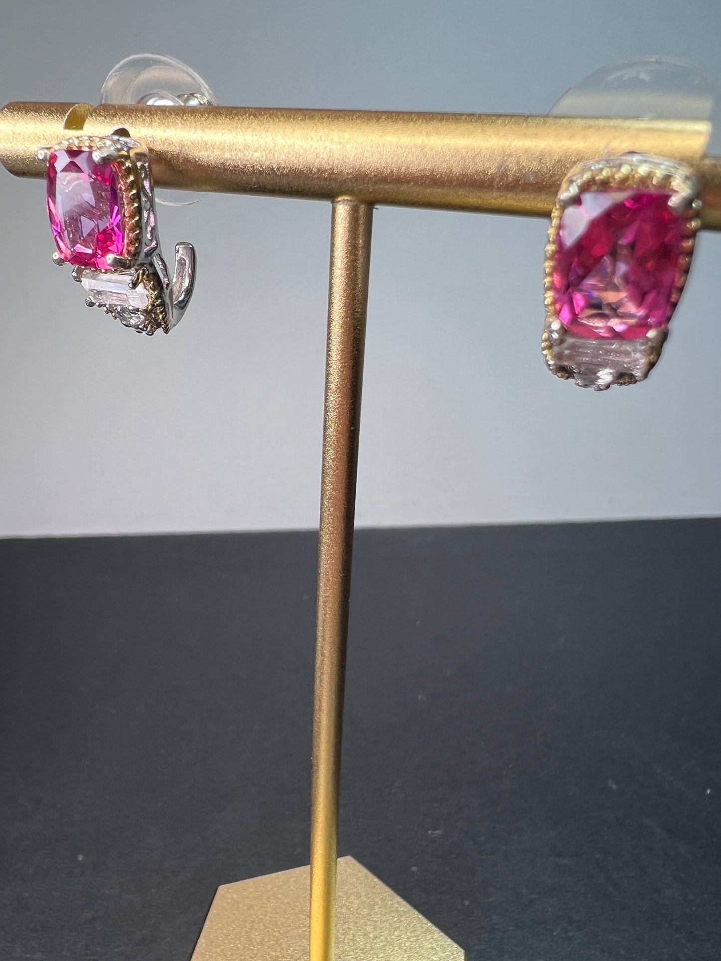 Pink spinel and white topaz sterling silver earrings