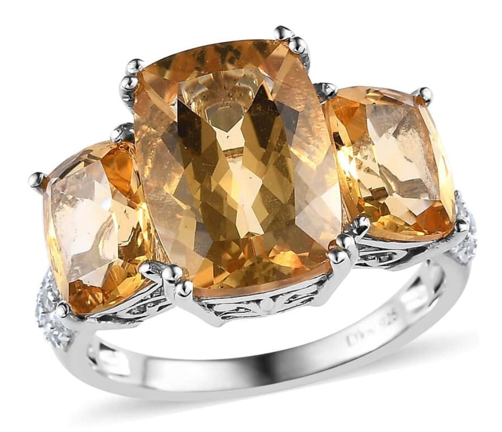 Brand new Brazilian citrine and white zircon 10.20 trilogy ring in platinum over sterling silver size 9