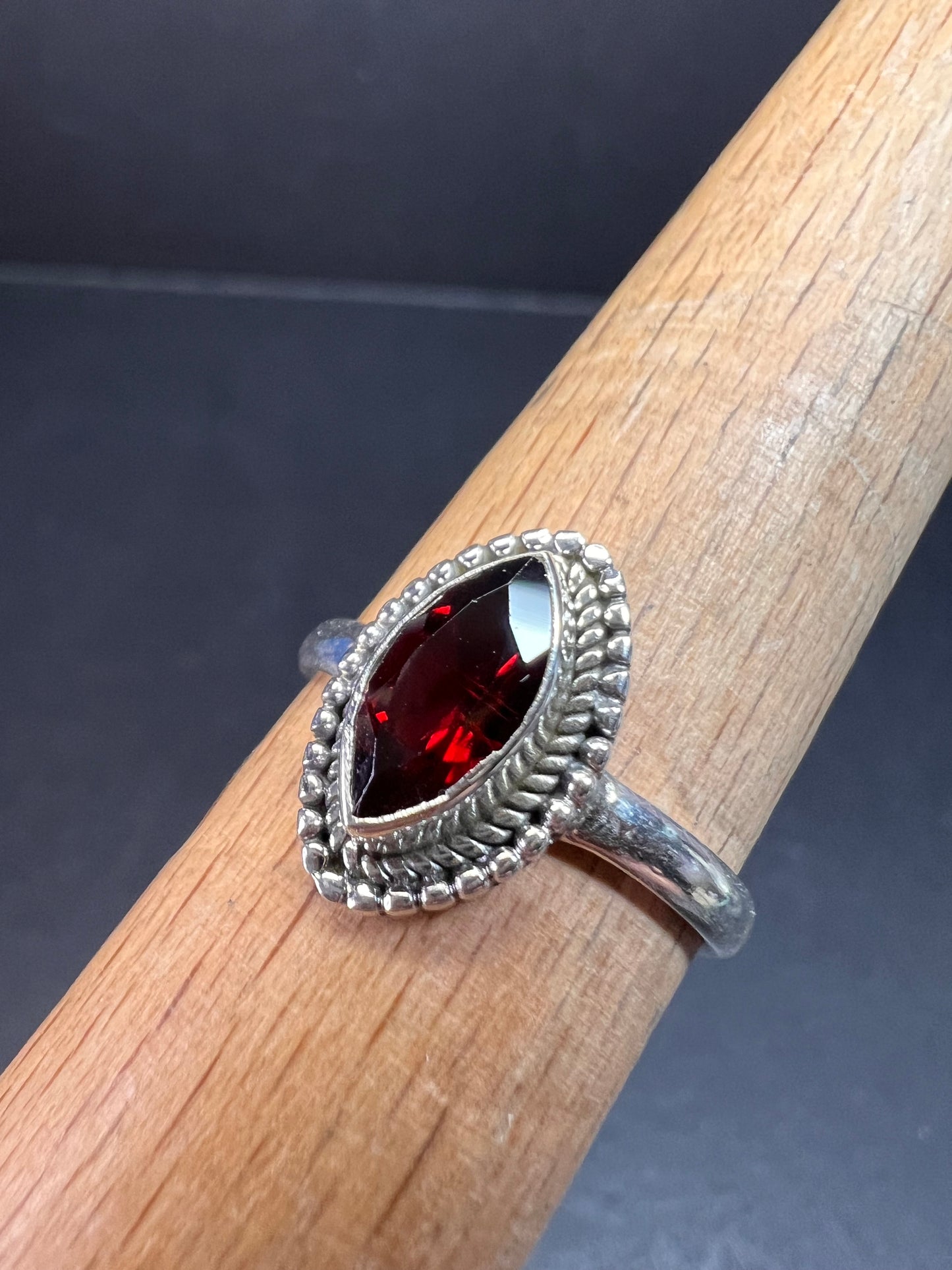 Red garnet marquise gemstone sterling silver ring size 8