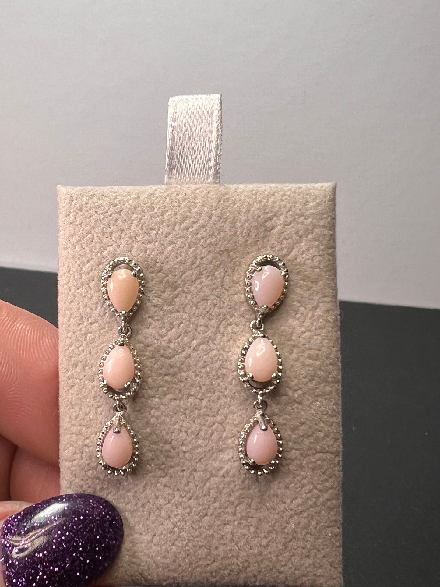 Pink opal sterling silver drop earrings