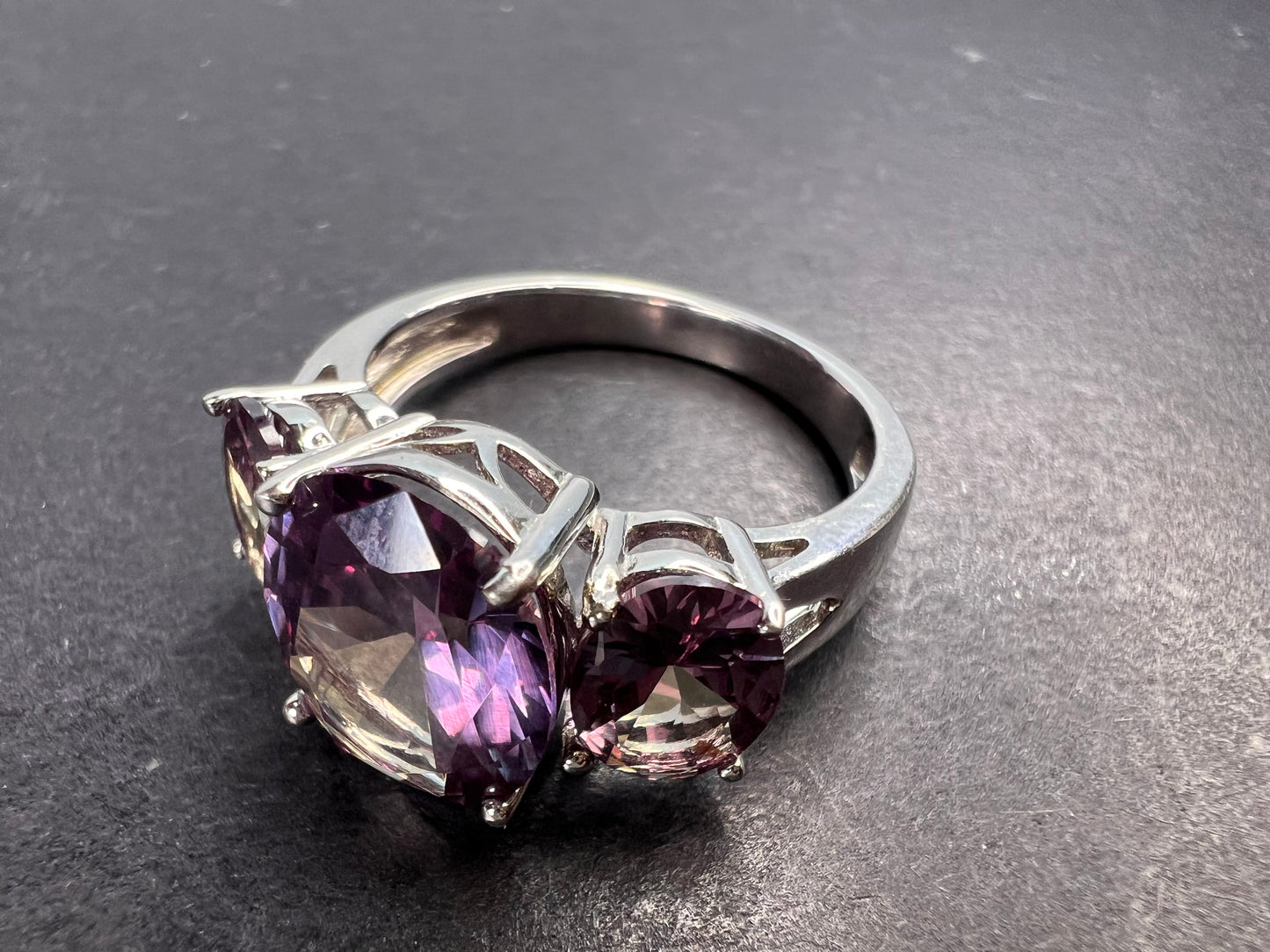 Lab created alexandrite trilogy ring in rhodium over sterling silver size 9