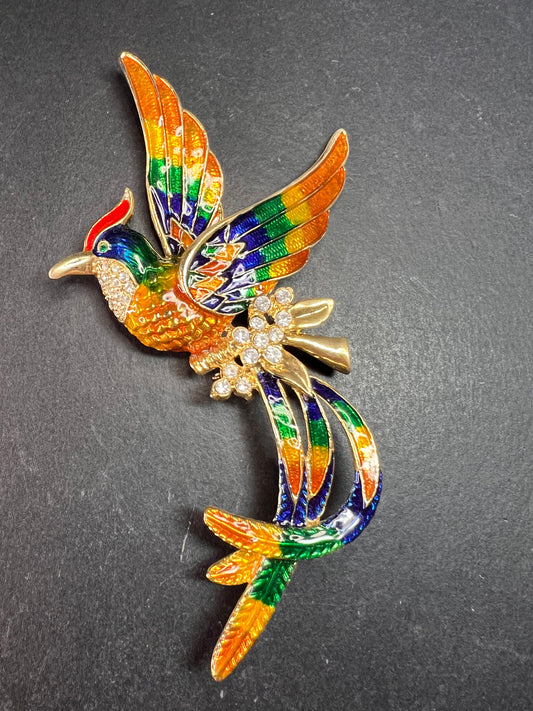 Vintage Enamel Phoenix Bird Rhinestone Statement Brooch Large Gold Tone