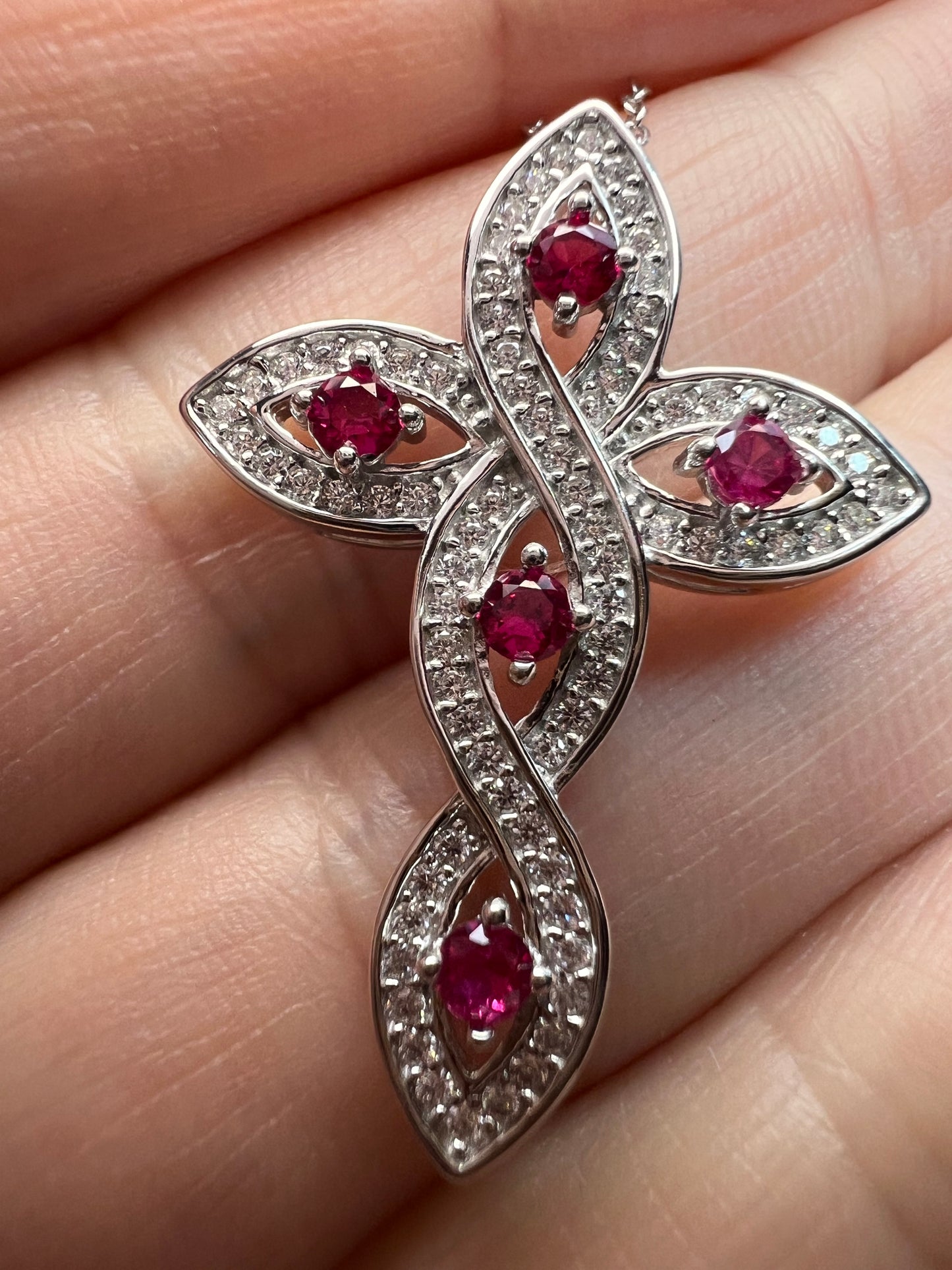 Lab grown ruby and CZ cross pendant and chain necklace in rhodium over sterling silver 18 inch