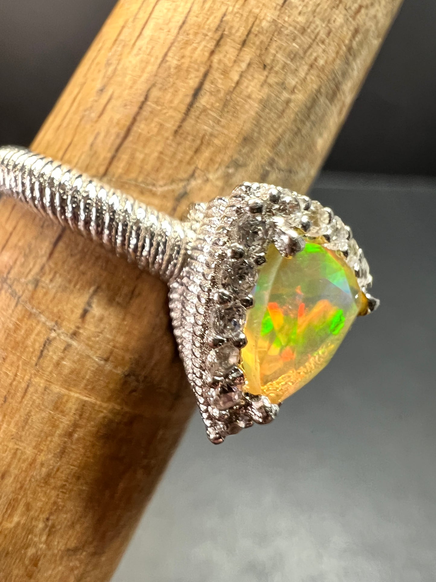 Ethiopian Opal Halo Ring Sterling Silver Size 7 Trillion Cut