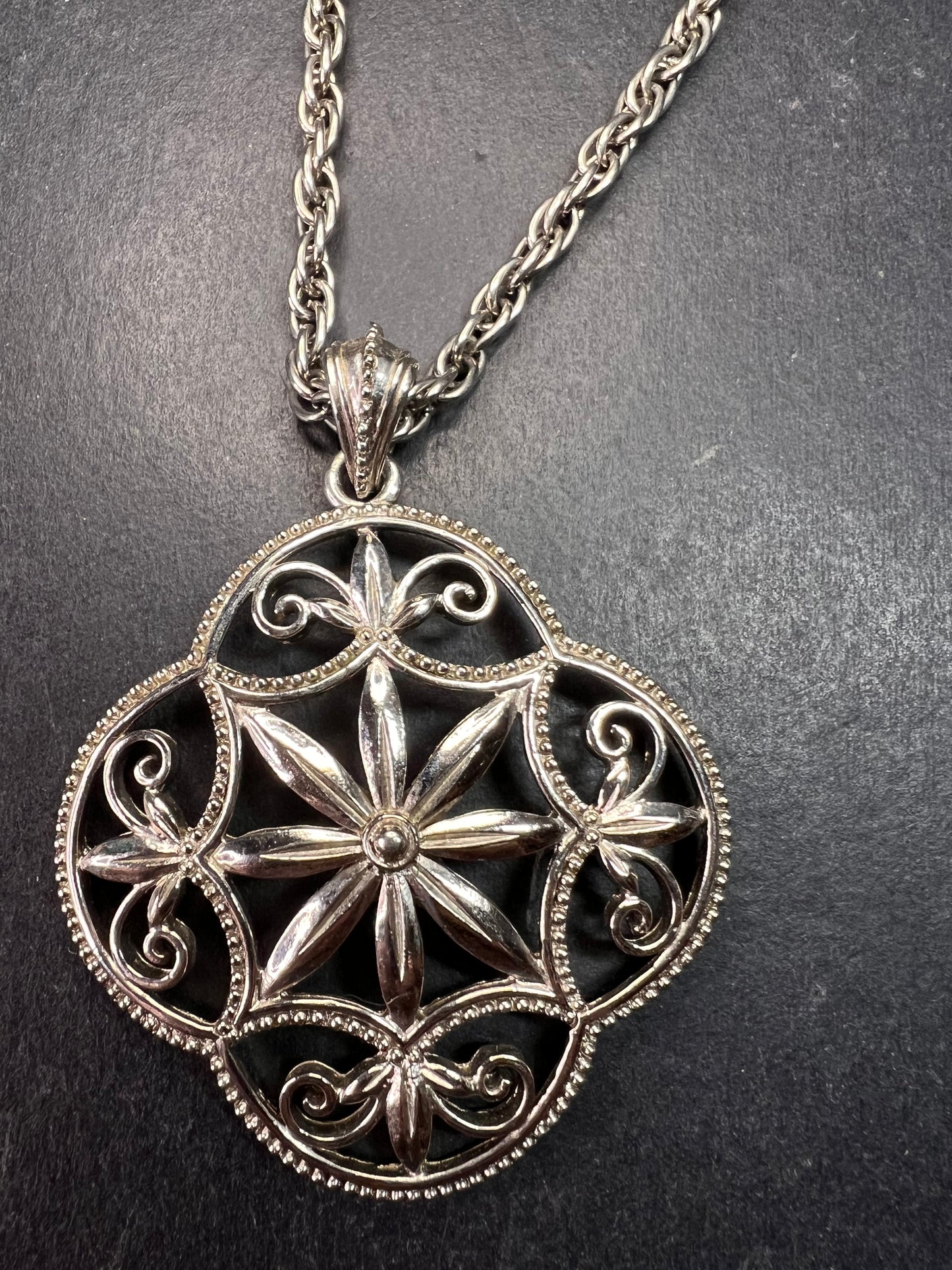 Vintage 1928 Silver Tone Filigree Medallion Rope Chain Necklace 28”