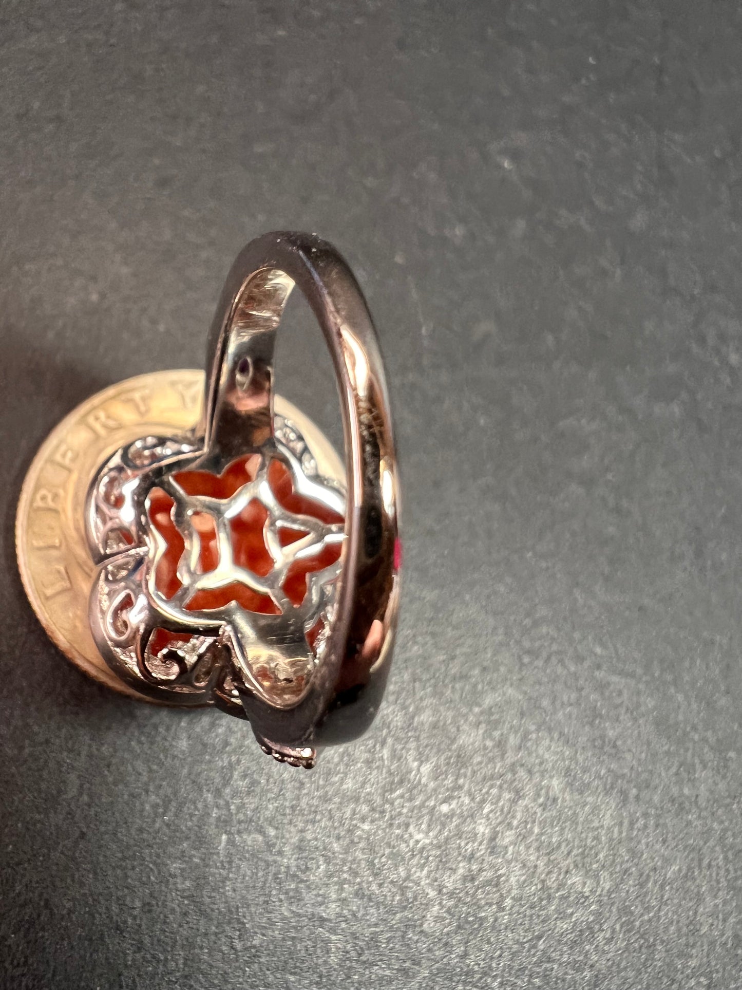 NEW cherry red jade and ruby blossom ring in rhodium over sterling silver size 9