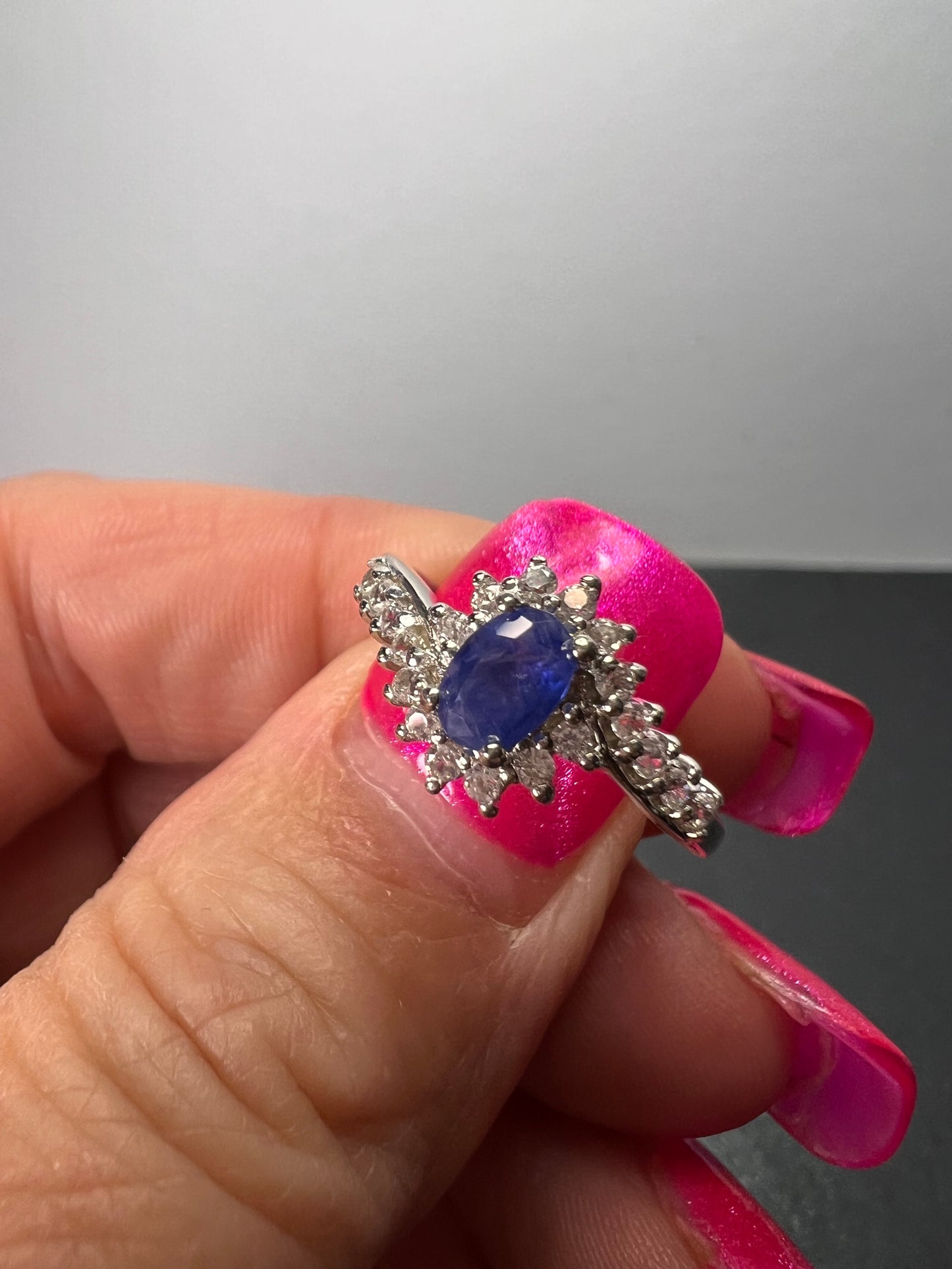 Blue sapphire and zircon ring in platinum over sterling silver size 7 *NEW*