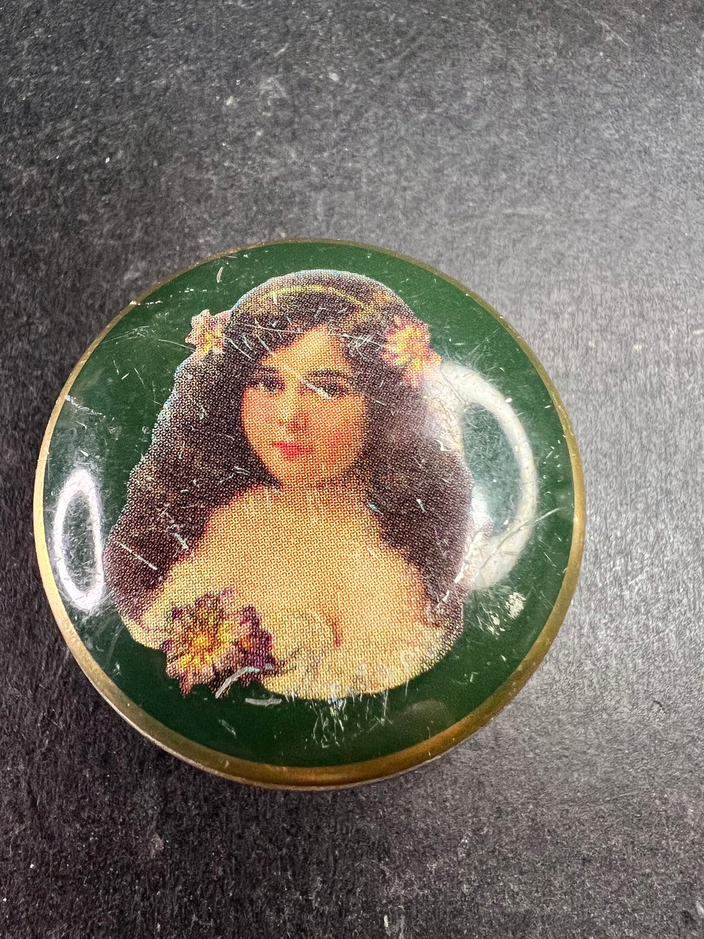 Vintage Art Nouveau Style Candy Tin Lady Portrait Green Round Tin