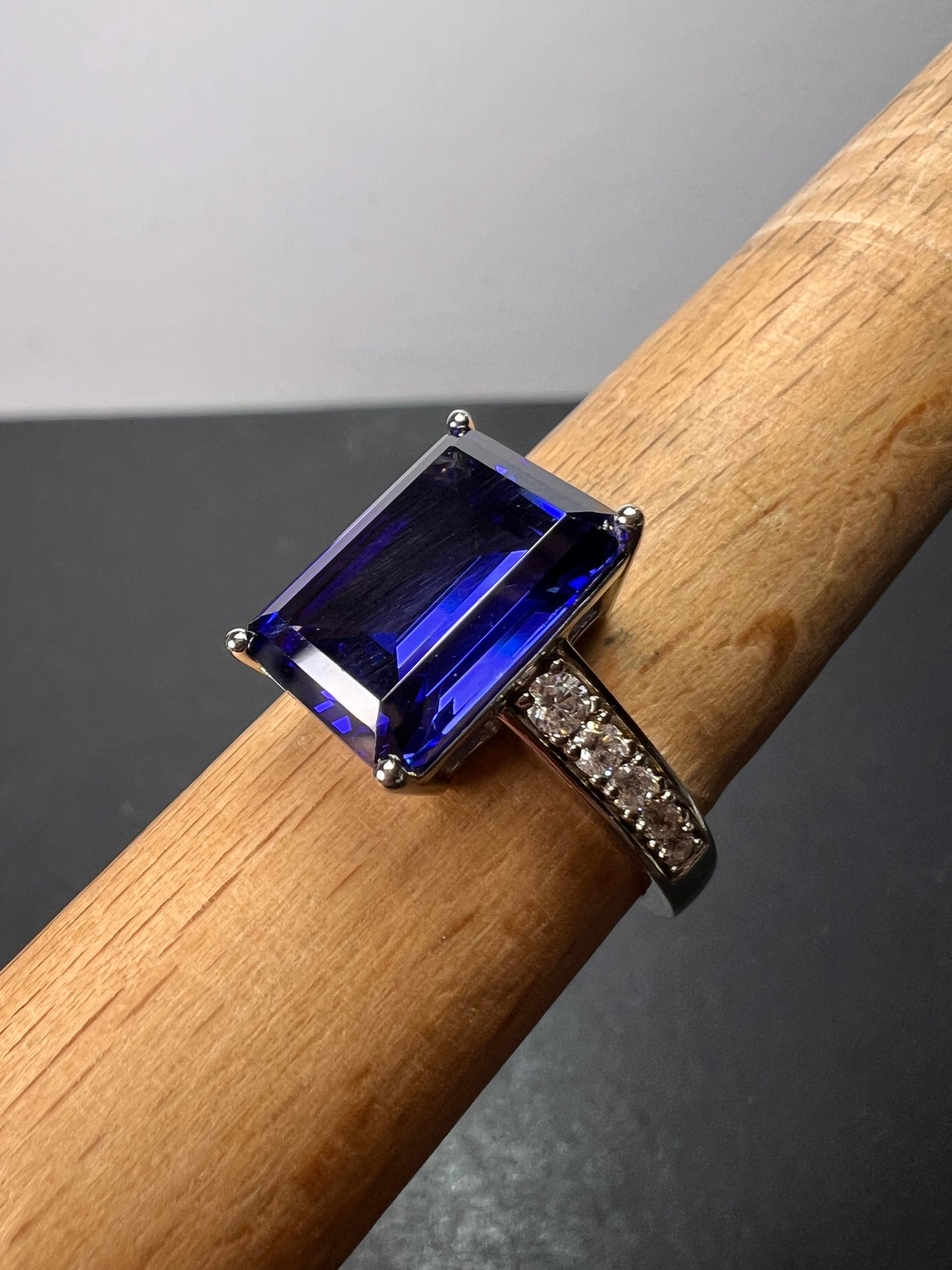 Emerald cut blue and white CZ sterling silver engagement ring 9.20 ctw size 9